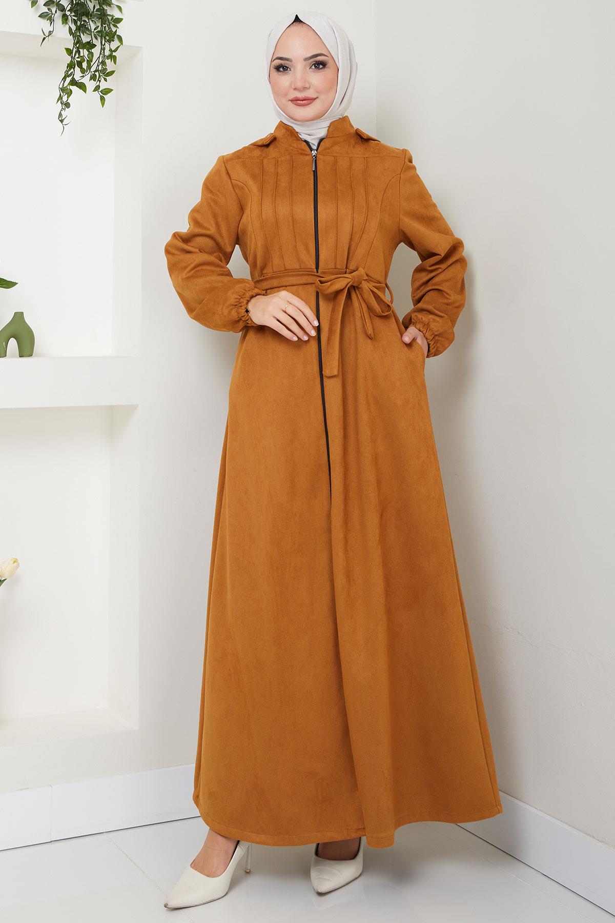 Ribbed Hooded Suede Abaya, Tan HM2544