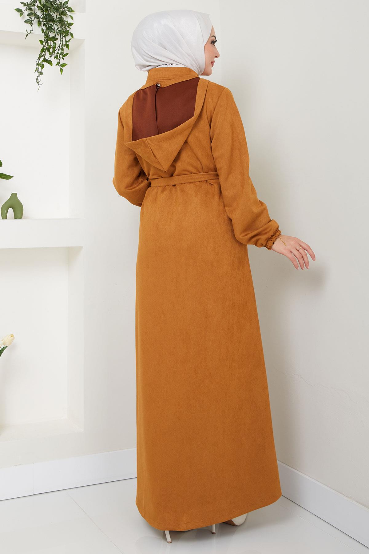 Ribbed Hooded Suede Abaya, Tan HM2544