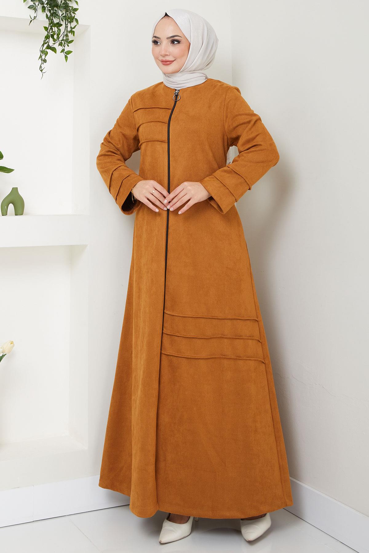 Asymmetric Ribbed Suede Abaya, Tan HM2545