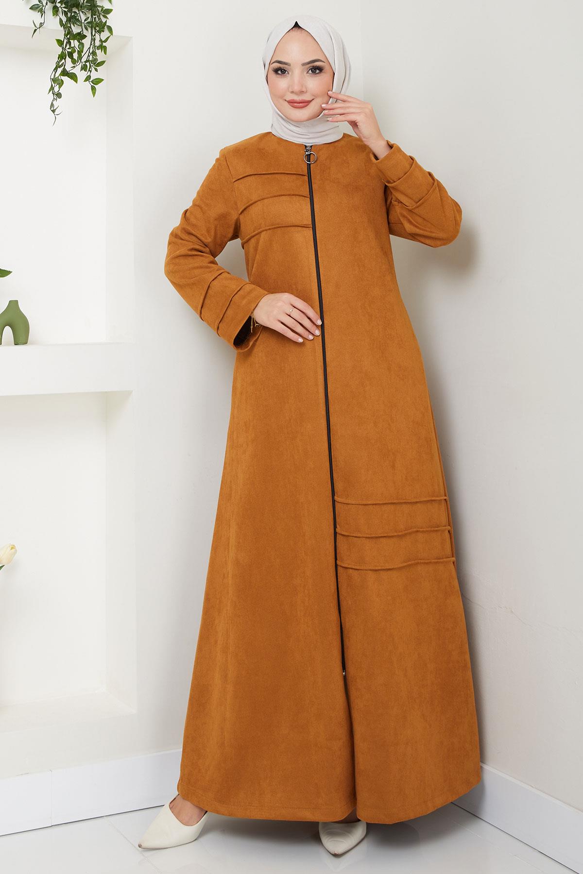 Asymmetric Ribbed Suede Abaya, Tan HM2545