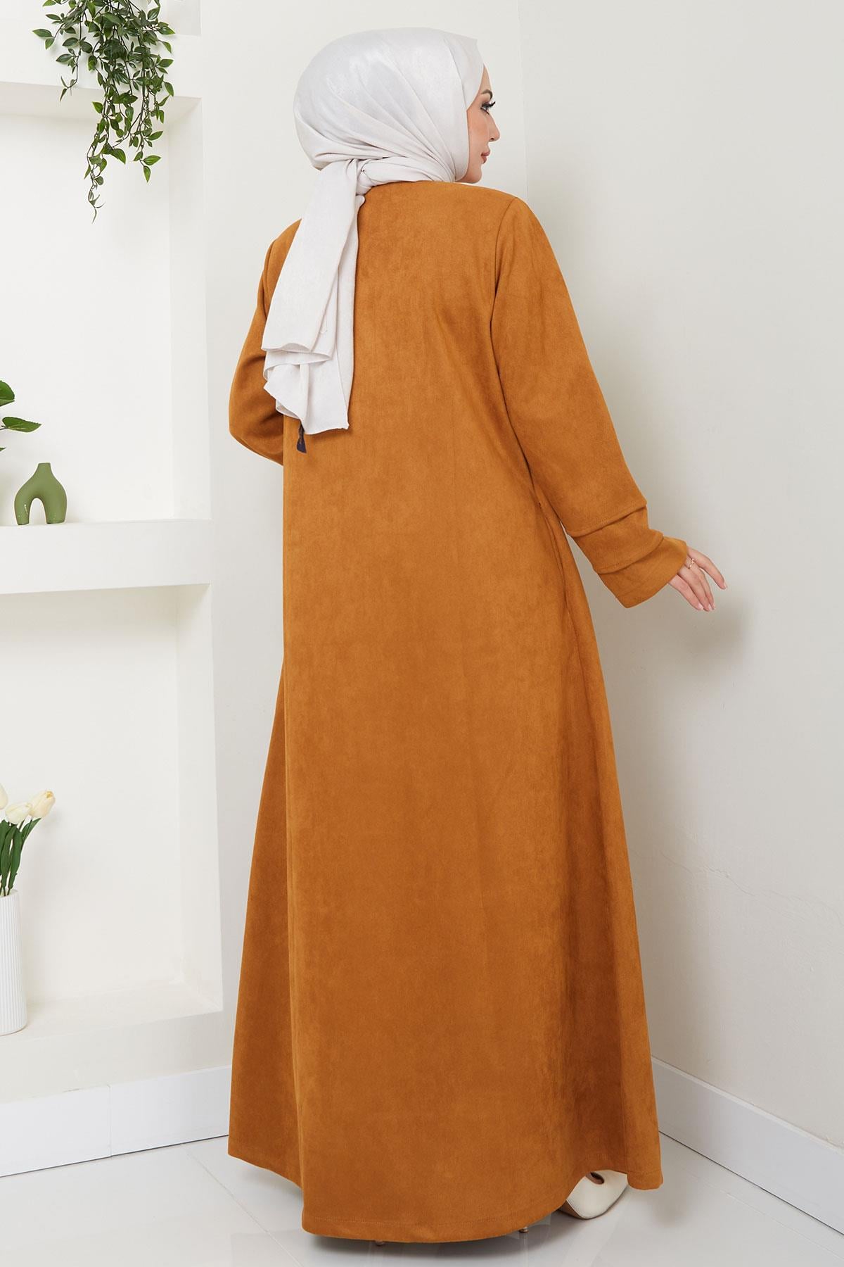 Asymmetric Ribbed Suede Abaya, Tan HM2545
