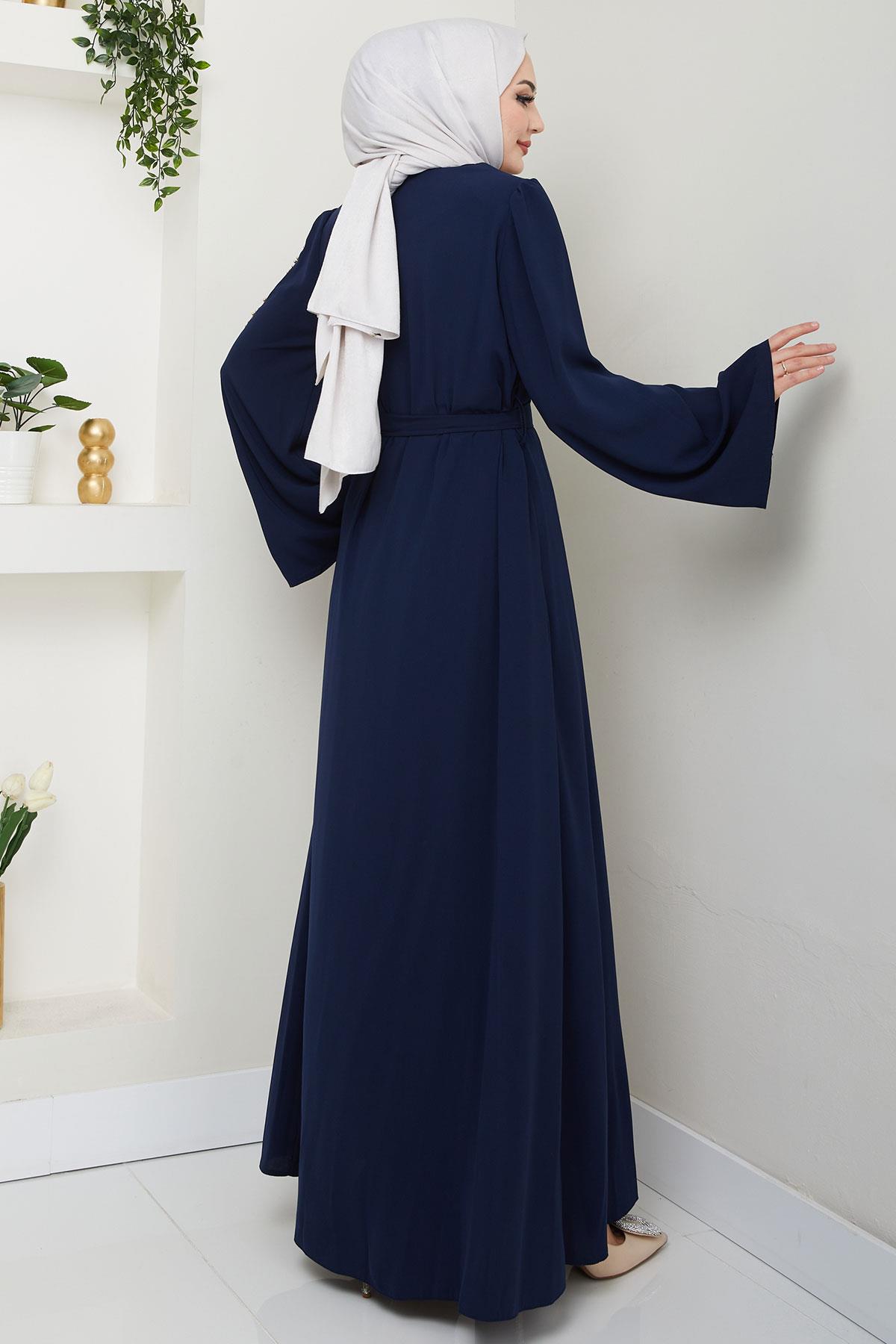 Floral Embellished Belted Abaya Navy Blue HM2713