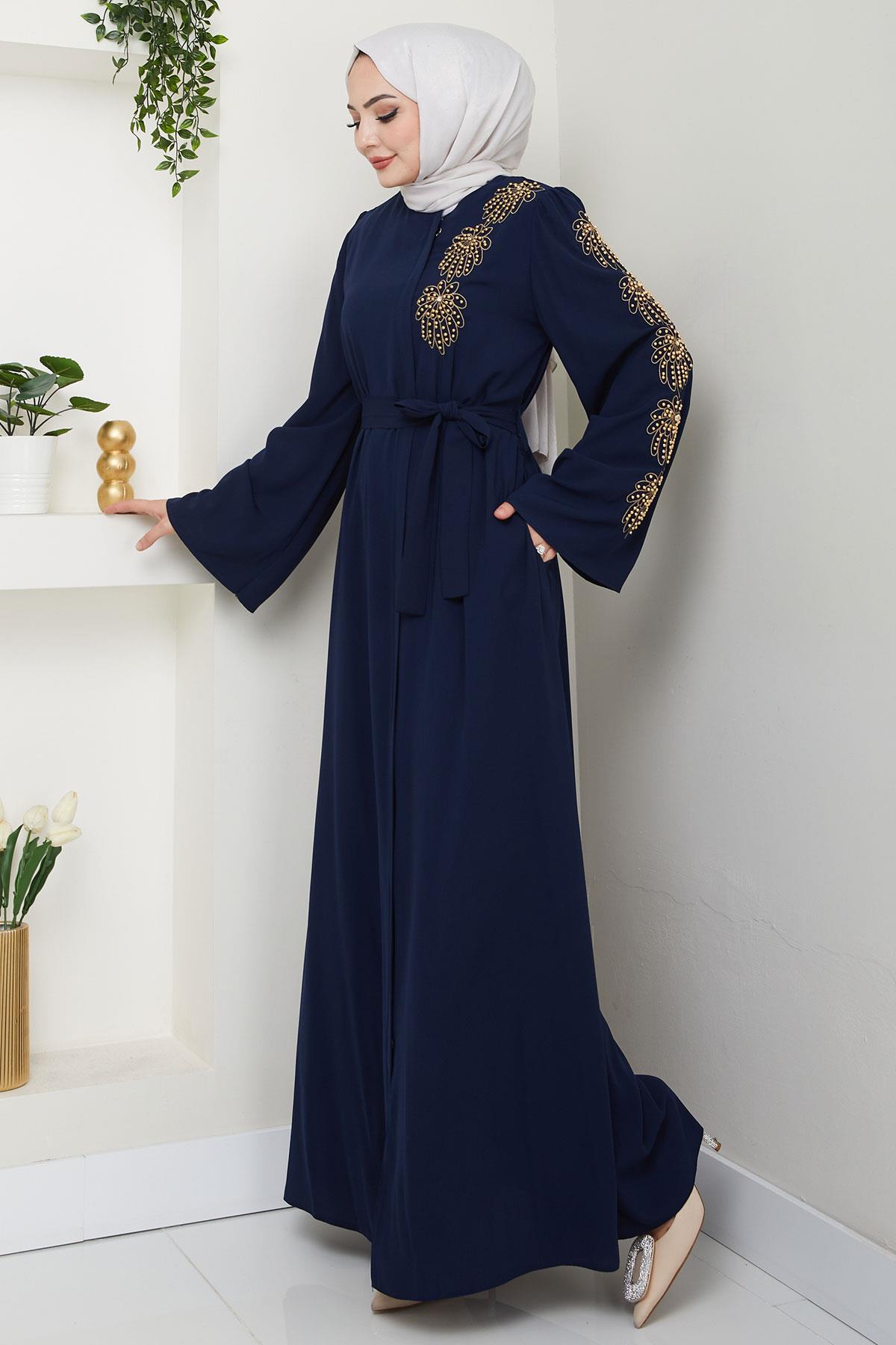 Floral Embellished Belted Abaya Navy Blue HM2713