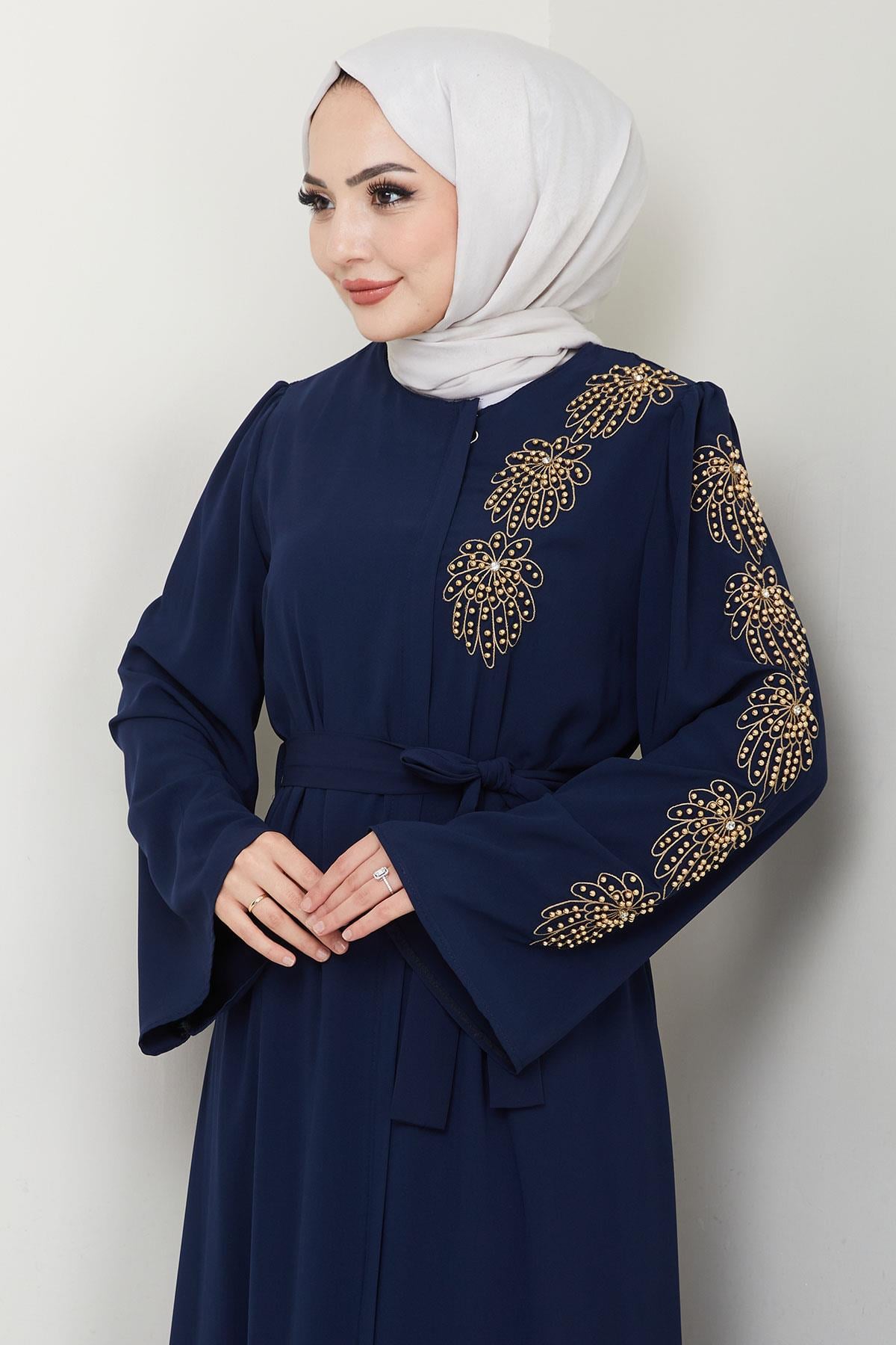 Floral Embellished Belted Abaya Navy Blue HM2713