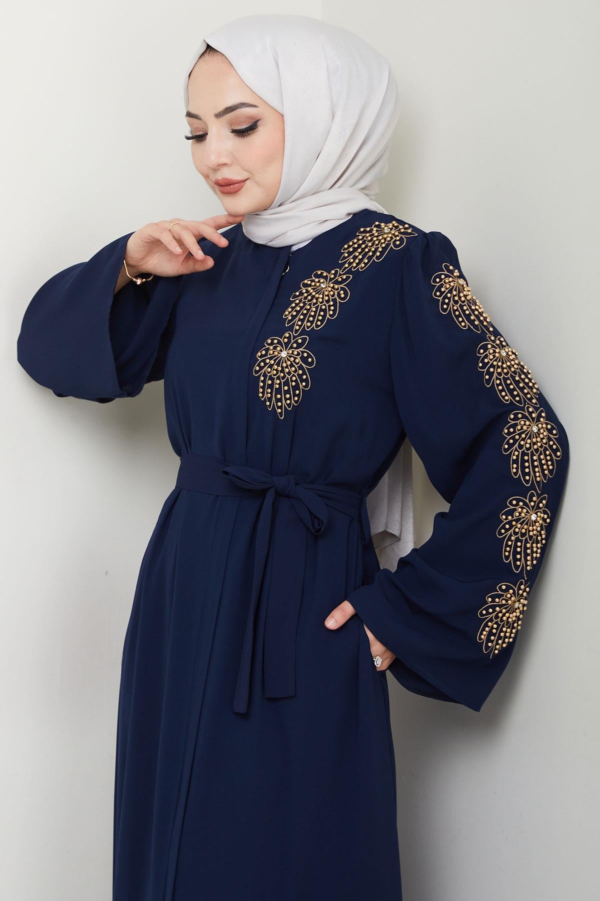 Floral Embellished Belted Abaya Navy Blue HM2713