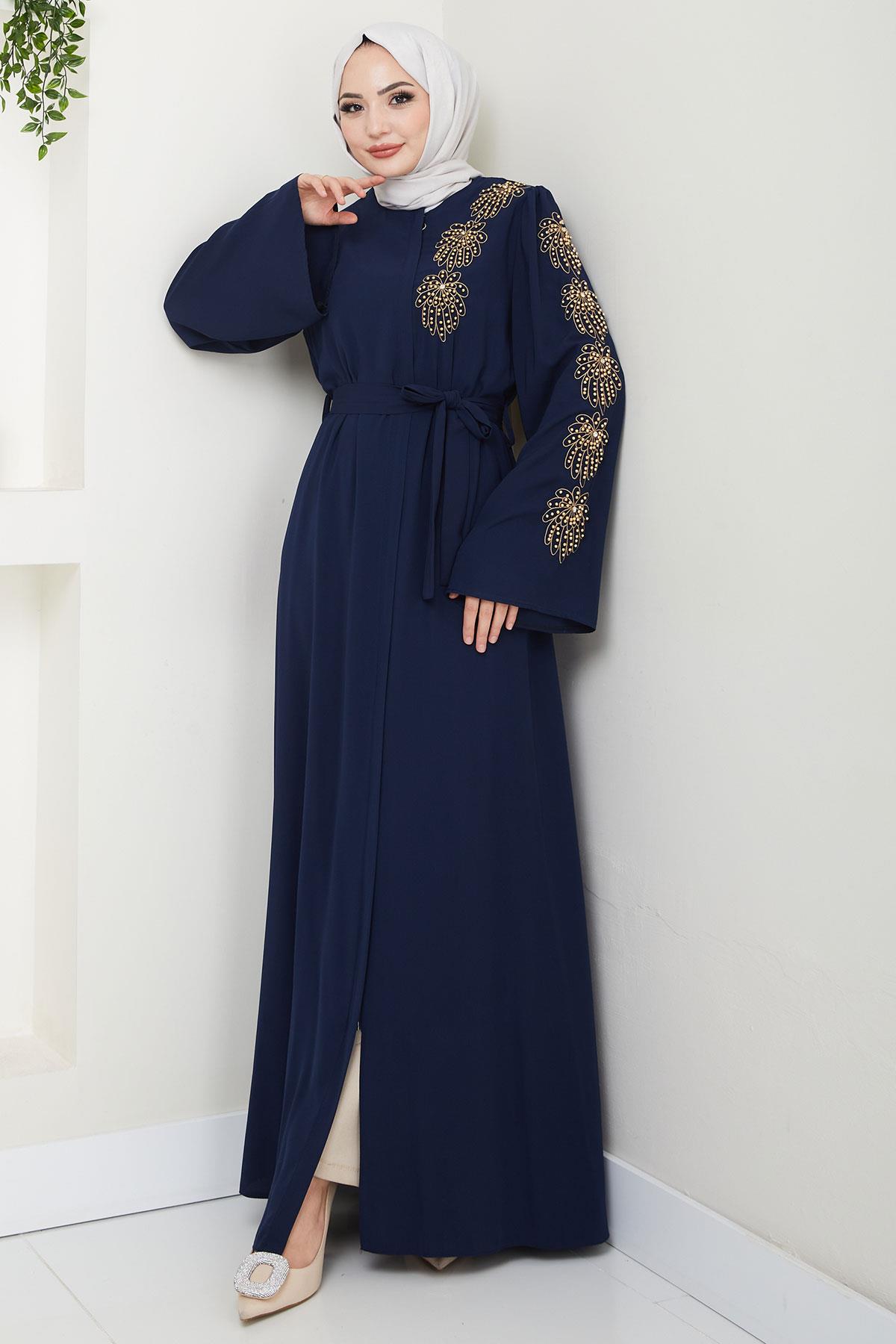 Floral Embellished Belted Abaya Navy Blue HM2713