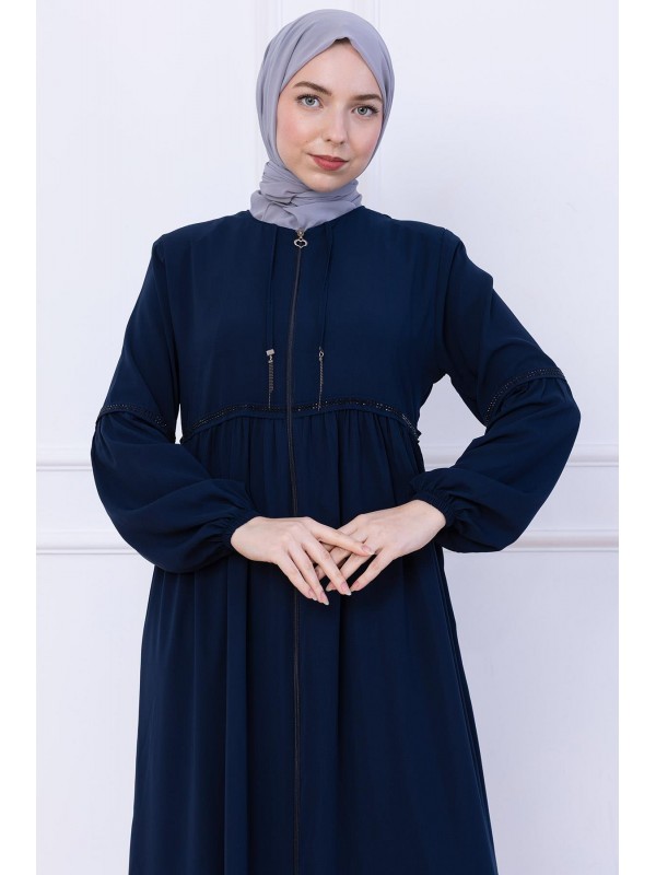 Gathered Stone Embellished Abaya Navy Blue HM2732
