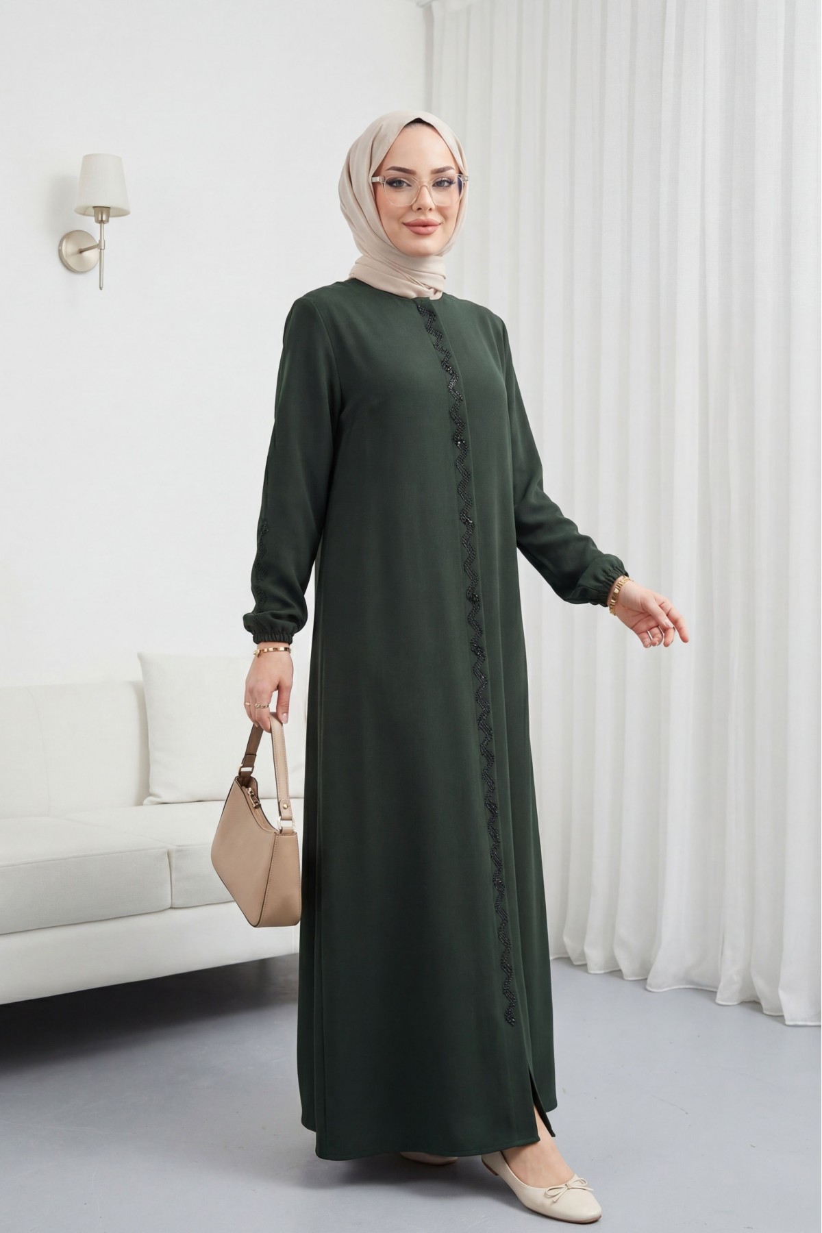 عباية مزينة بأحجار متعرجة، لون كاكي، HM2848