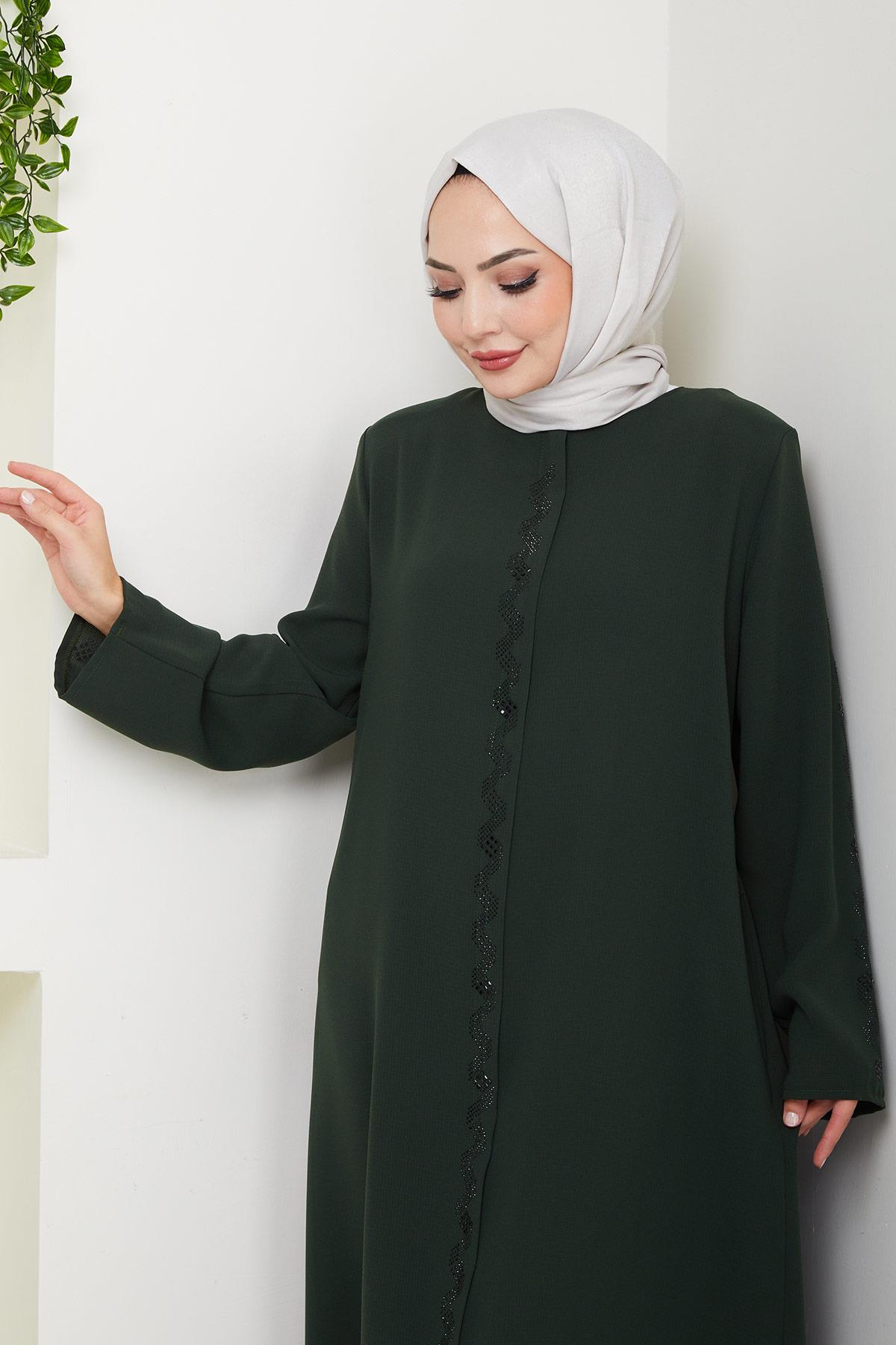 عباية مزينة بأحجار متعرجة، لون كاكي، HM2848