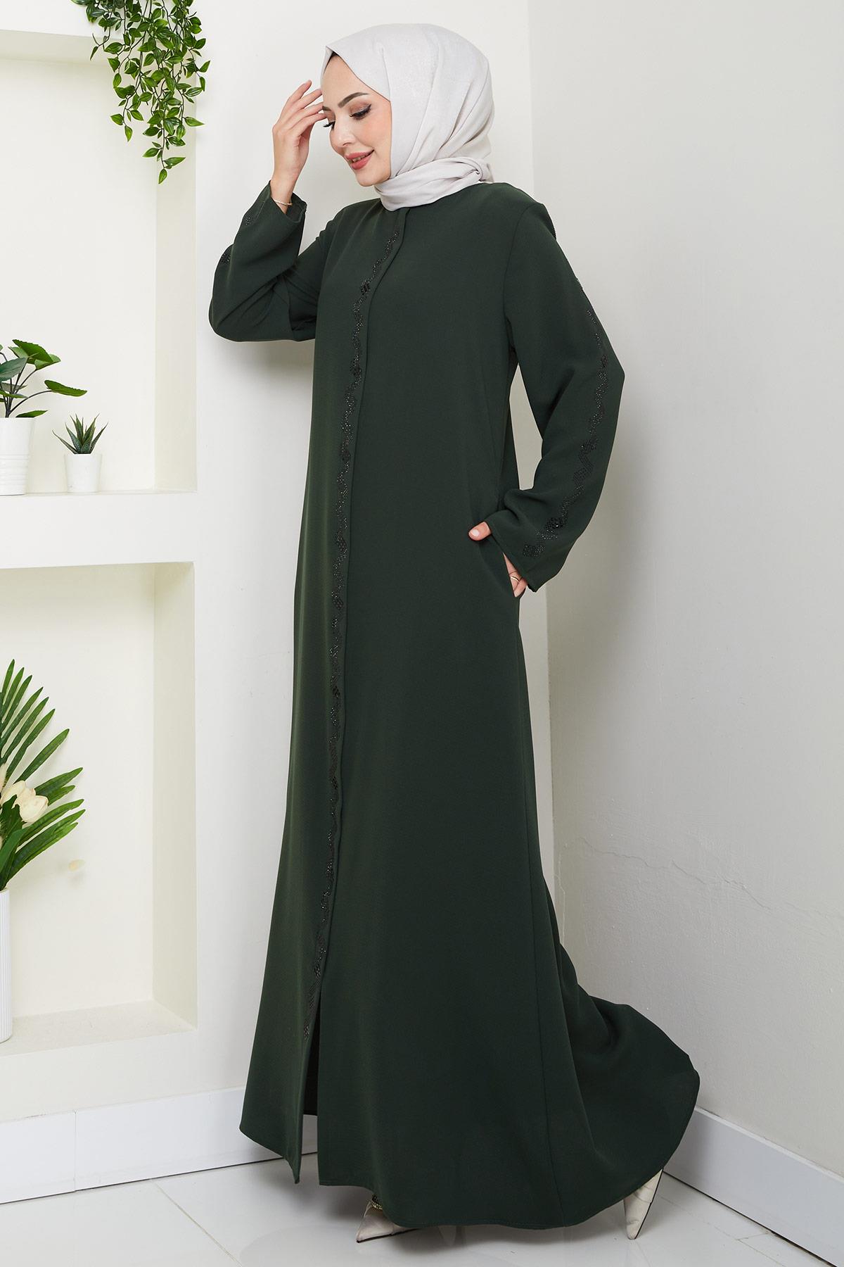 عباية مزينة بأحجار متعرجة، لون كاكي، HM2848