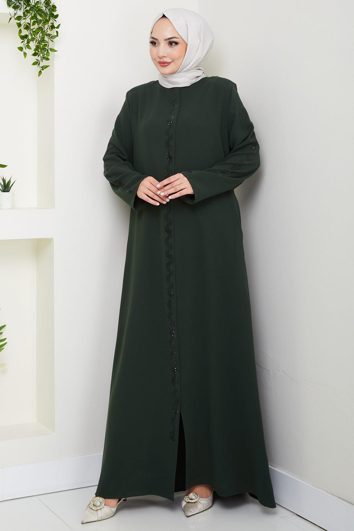 عباية مزينة بأحجار متعرجة، لون كاكي، HM2848