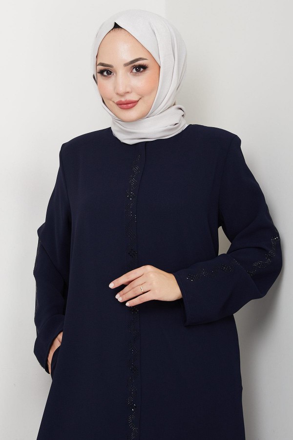 Zigzag Stone Embellished Abaya Navy Blue HM2848