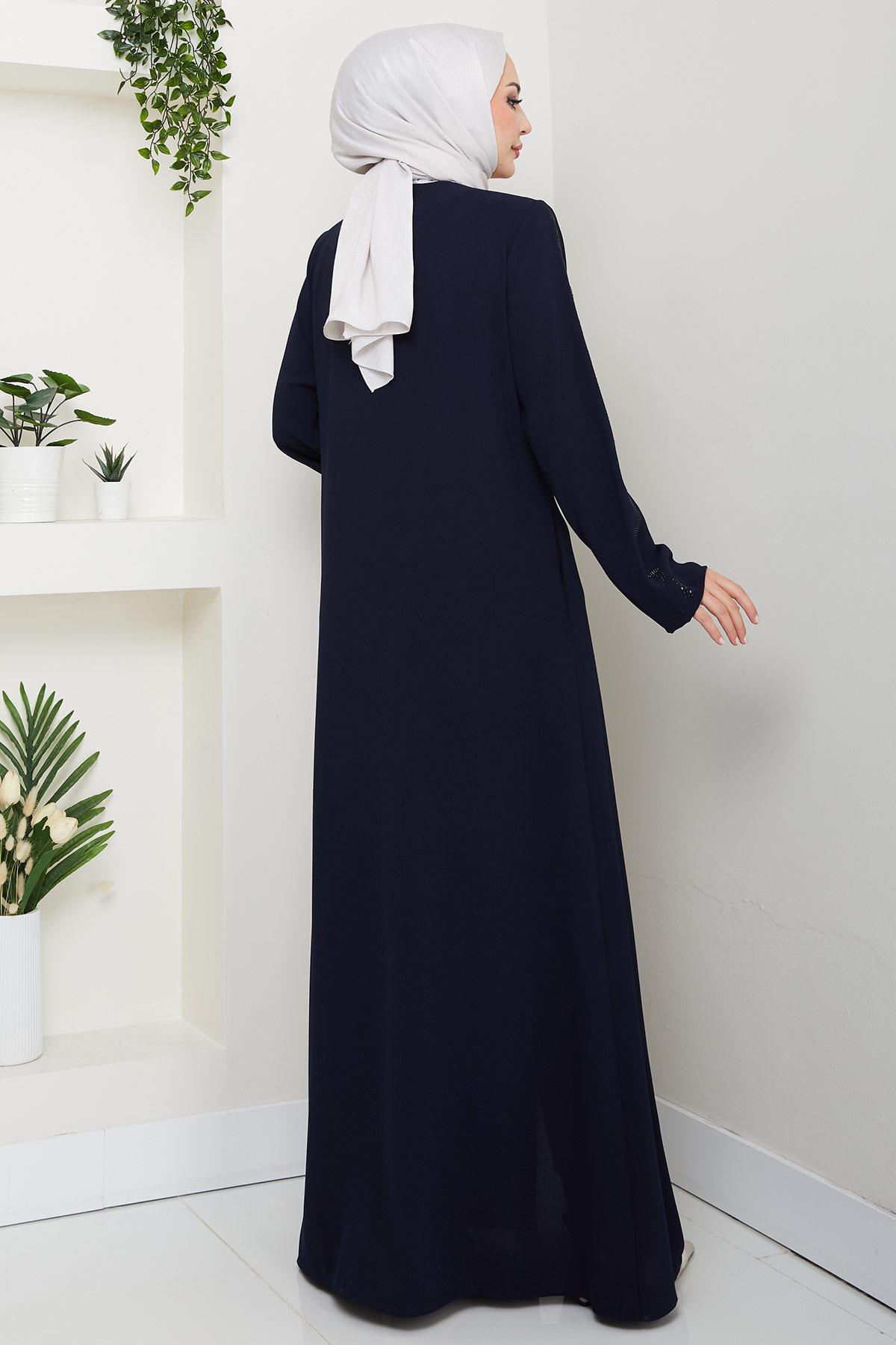 عباية زرقاء داكنة مزينة بأحجار متعرجة HM2848