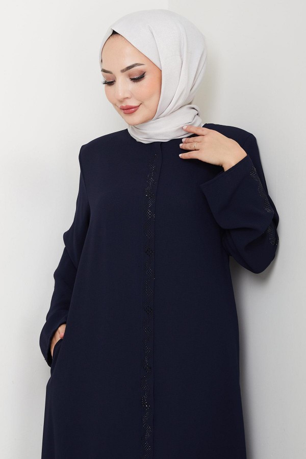 Zigzag Stone Embellished Abaya Navy Blue HM2848