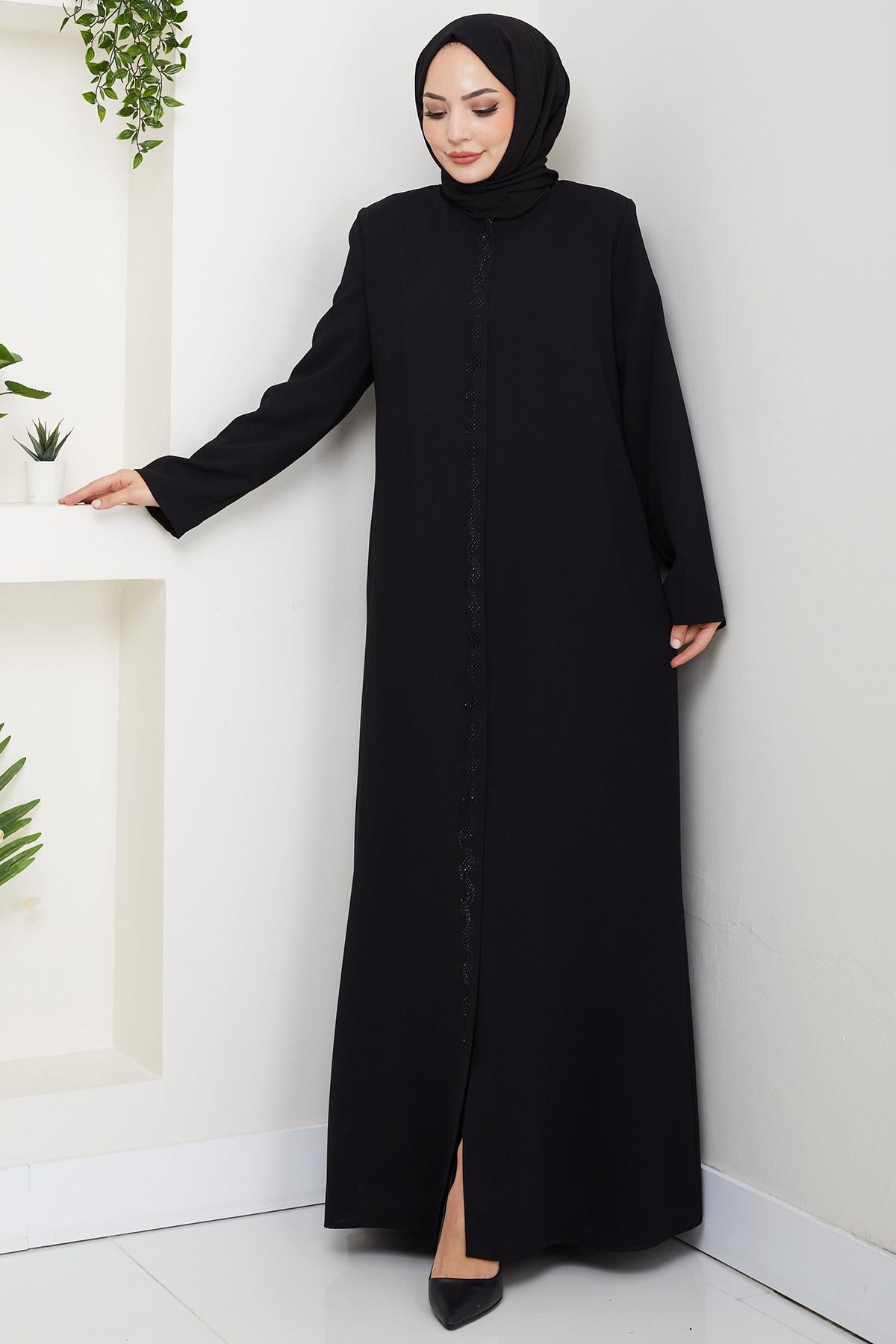 Zikzak Taşlı Ferace Siyah HM2848