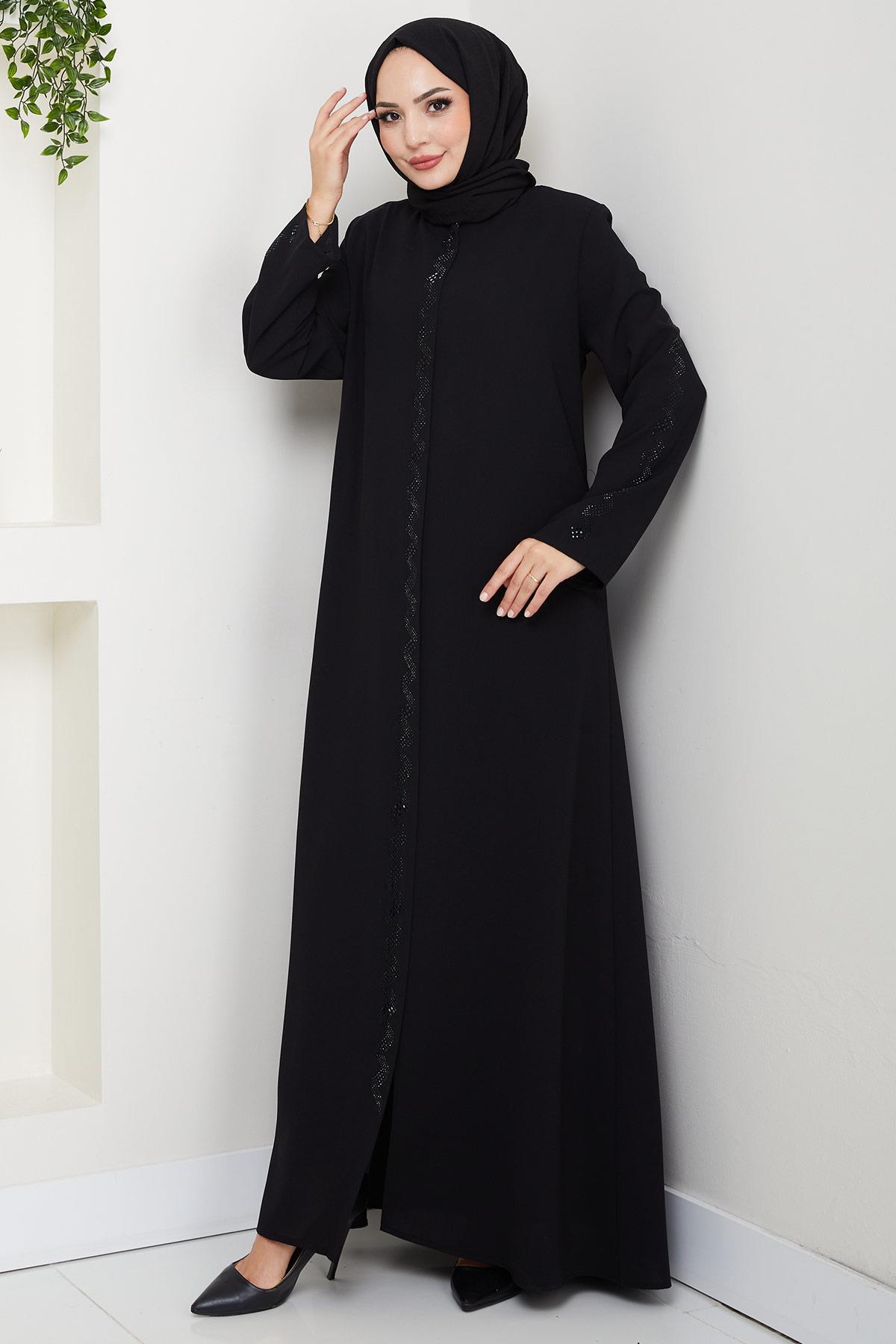 Zikzak Taşlı Ferace Siyah HM2848