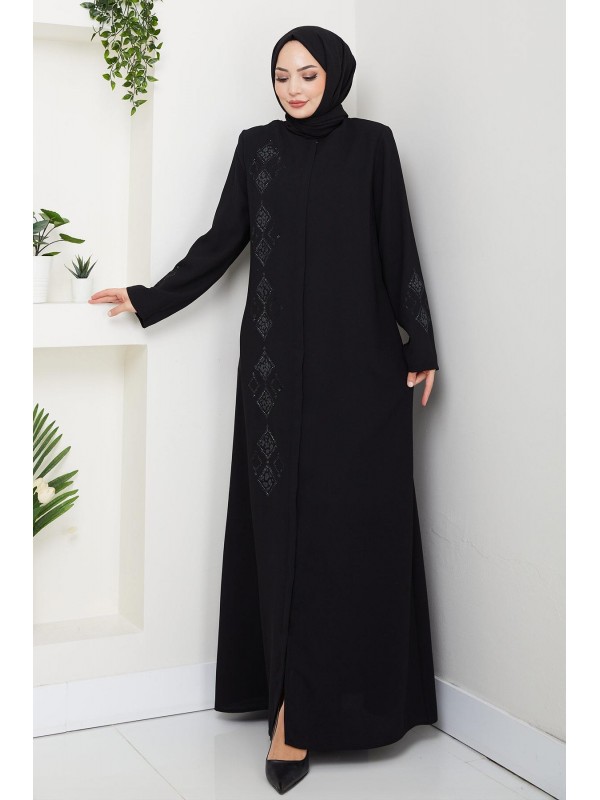 Deri İşlemeli Ferace Siyah HM2849