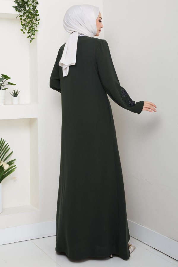 عباية جلدية مطرزة بلون الكاكي HM2849