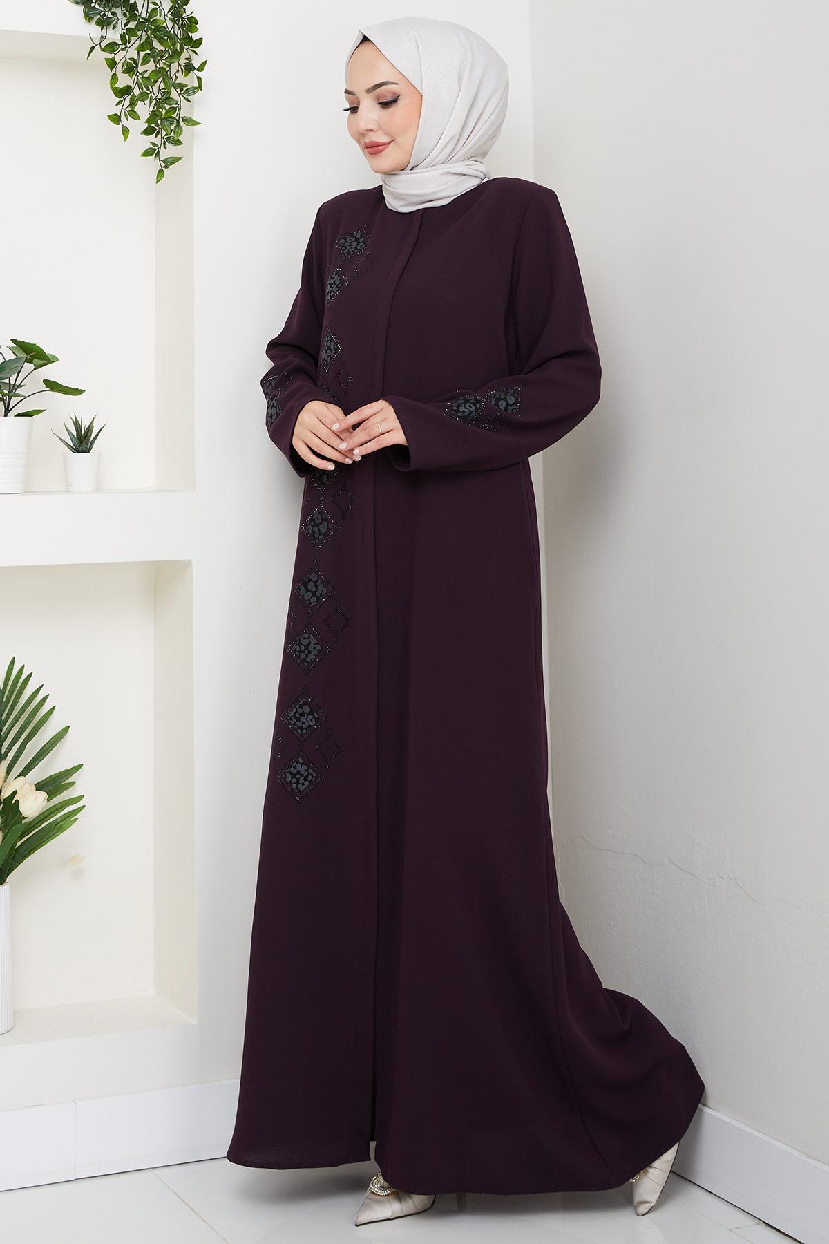 Deri İşlemeli Ferace Mürdüm HM2849