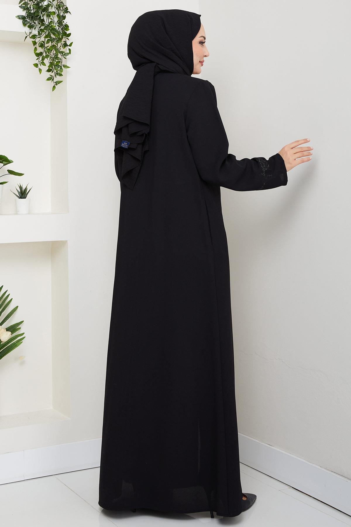 Gizli Patlı Taşlı Ferace Siyah HM2851