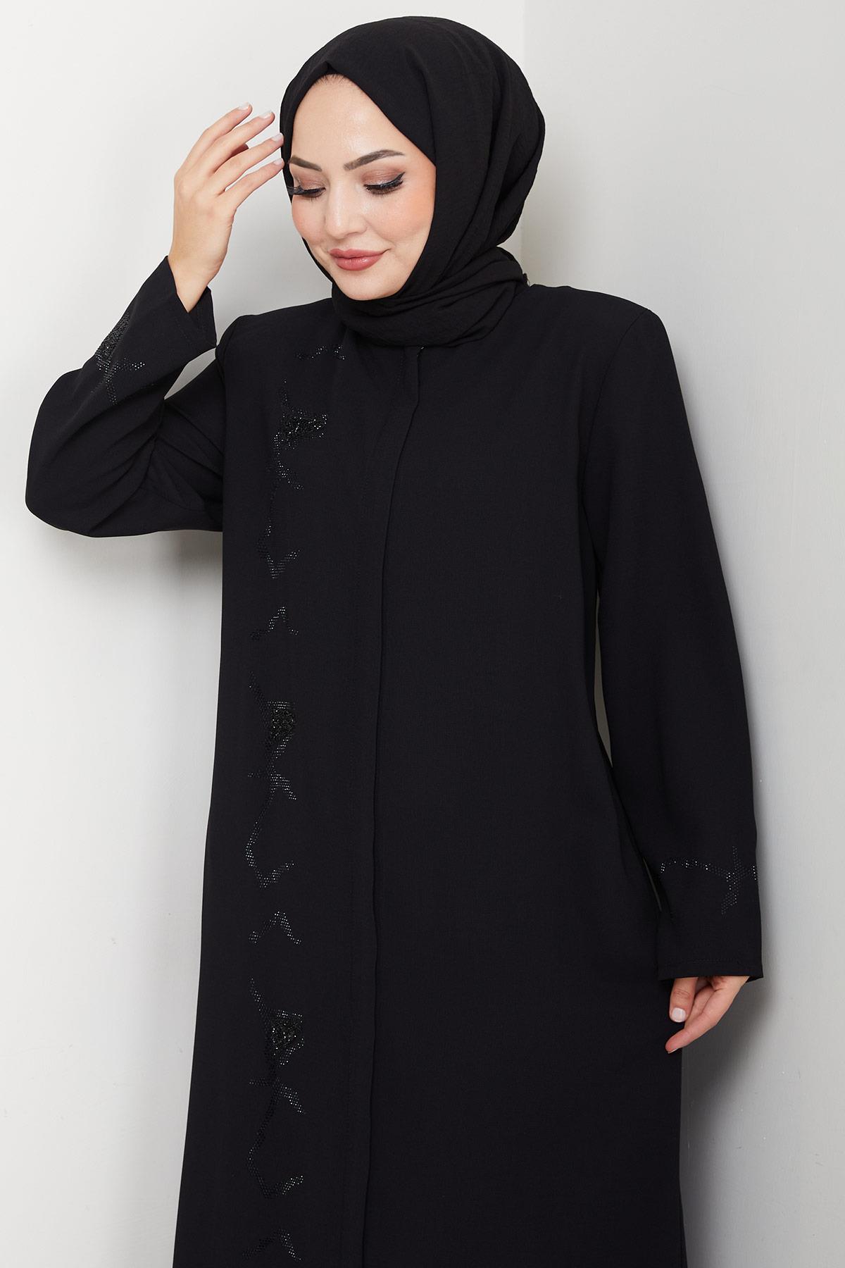 Gizli Patlı Taşlı Ferace Siyah HM2851