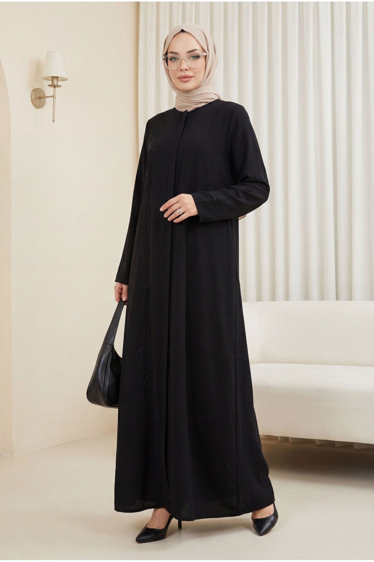 Gizli Patlı Taşlı Ferace Siyah HM2851