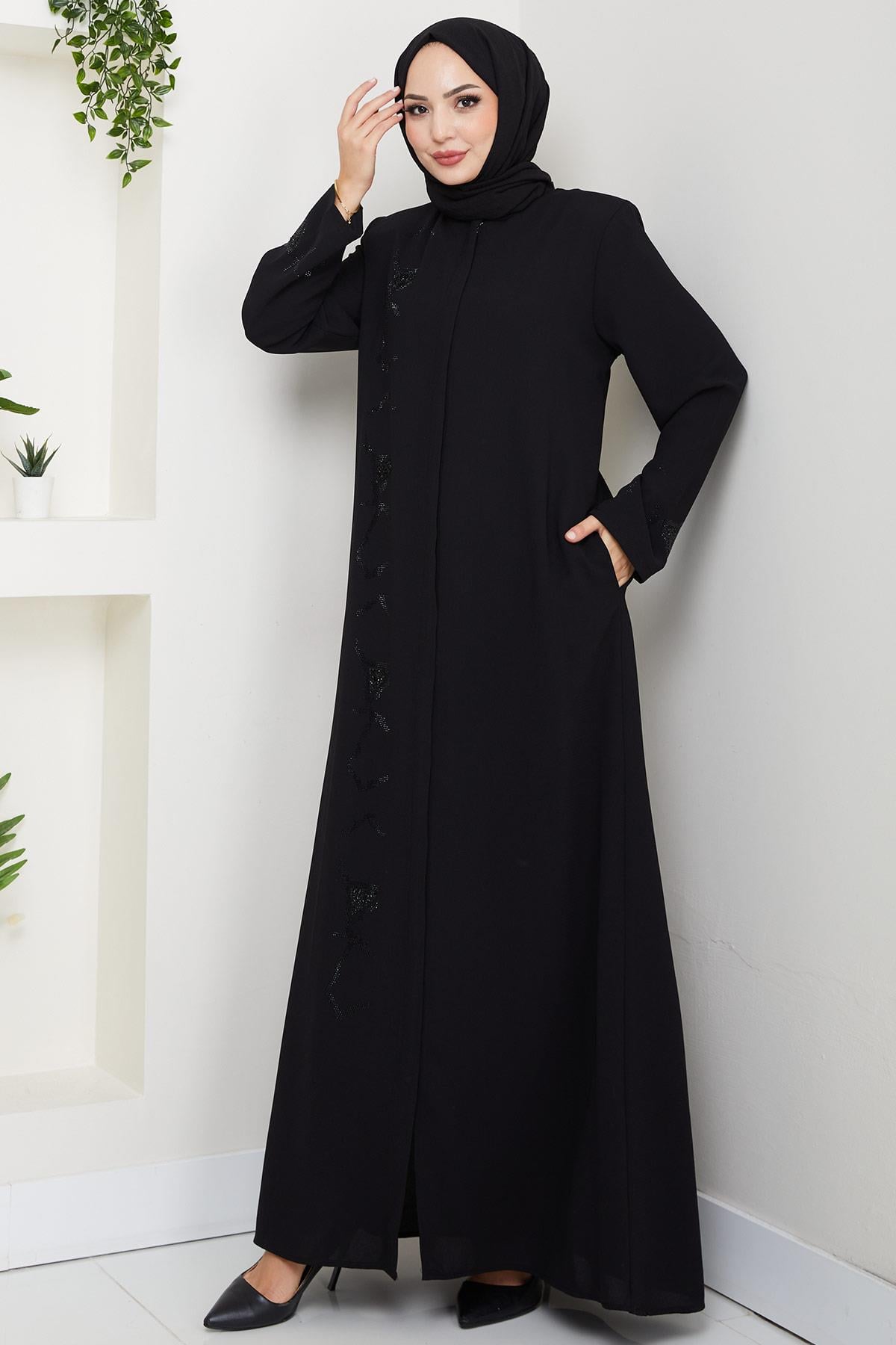 Gizli Patlı Taşlı Ferace Siyah HM2851