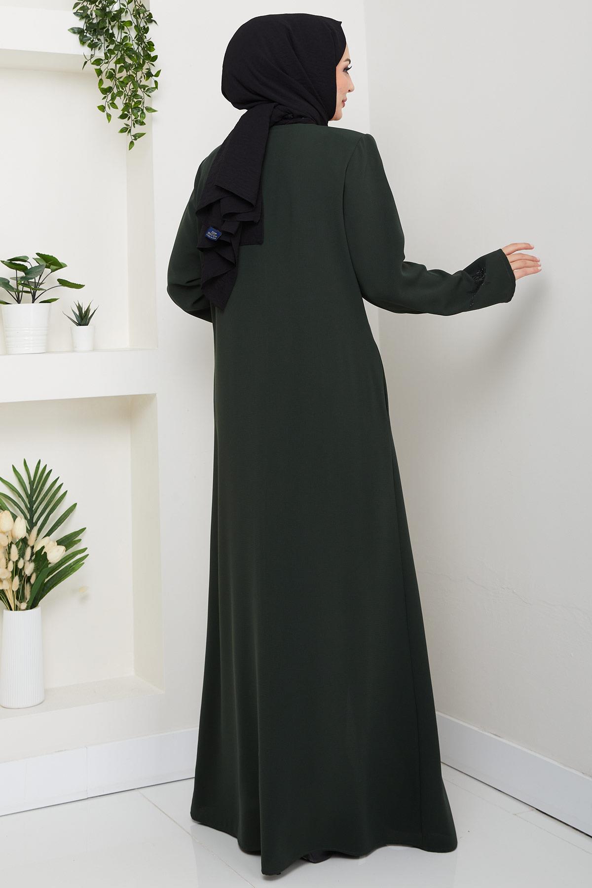 Gizli Patlı Taşlı Ferace Haki HM2851