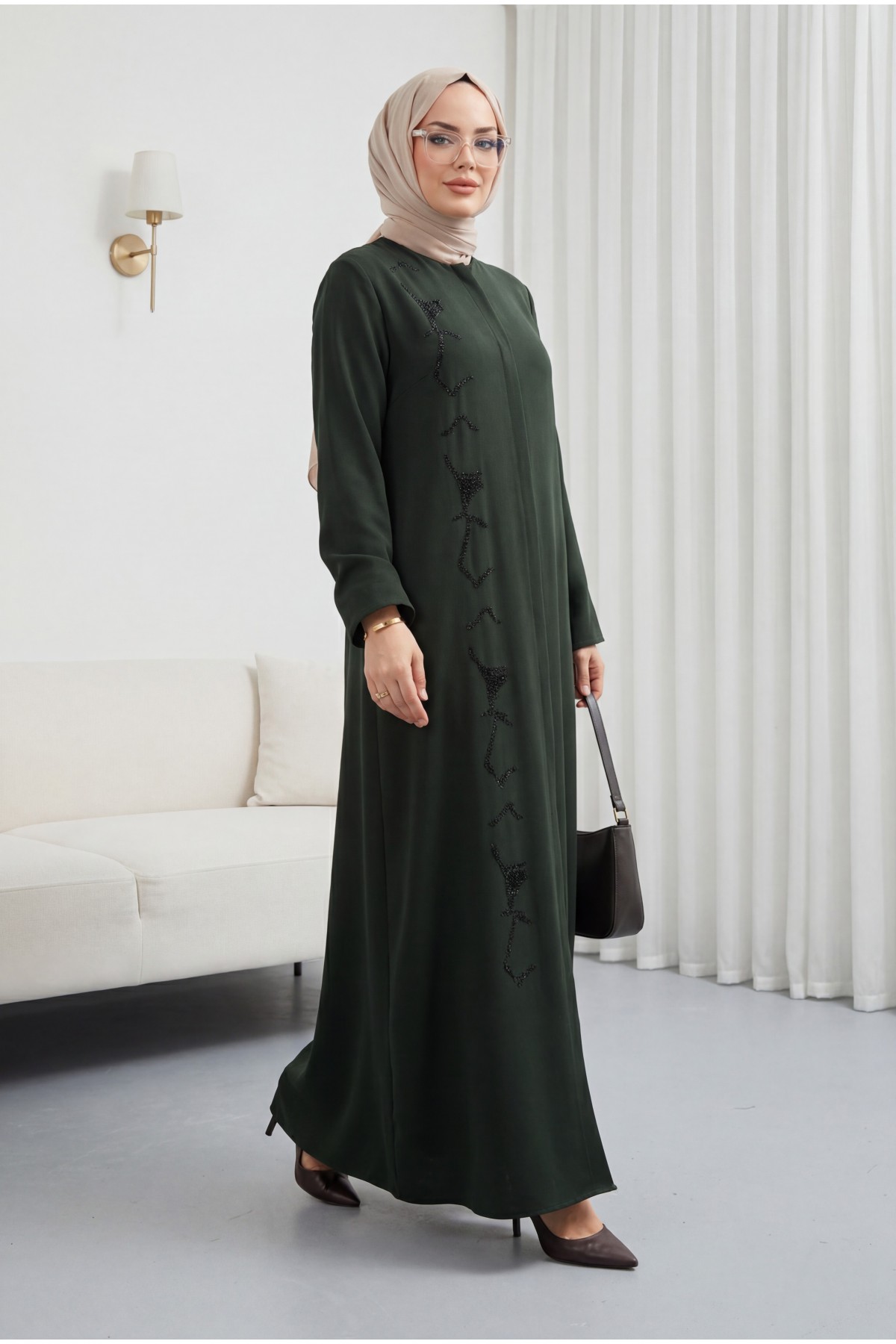 Gizli Patlı Taşlı Ferace Haki HM2851