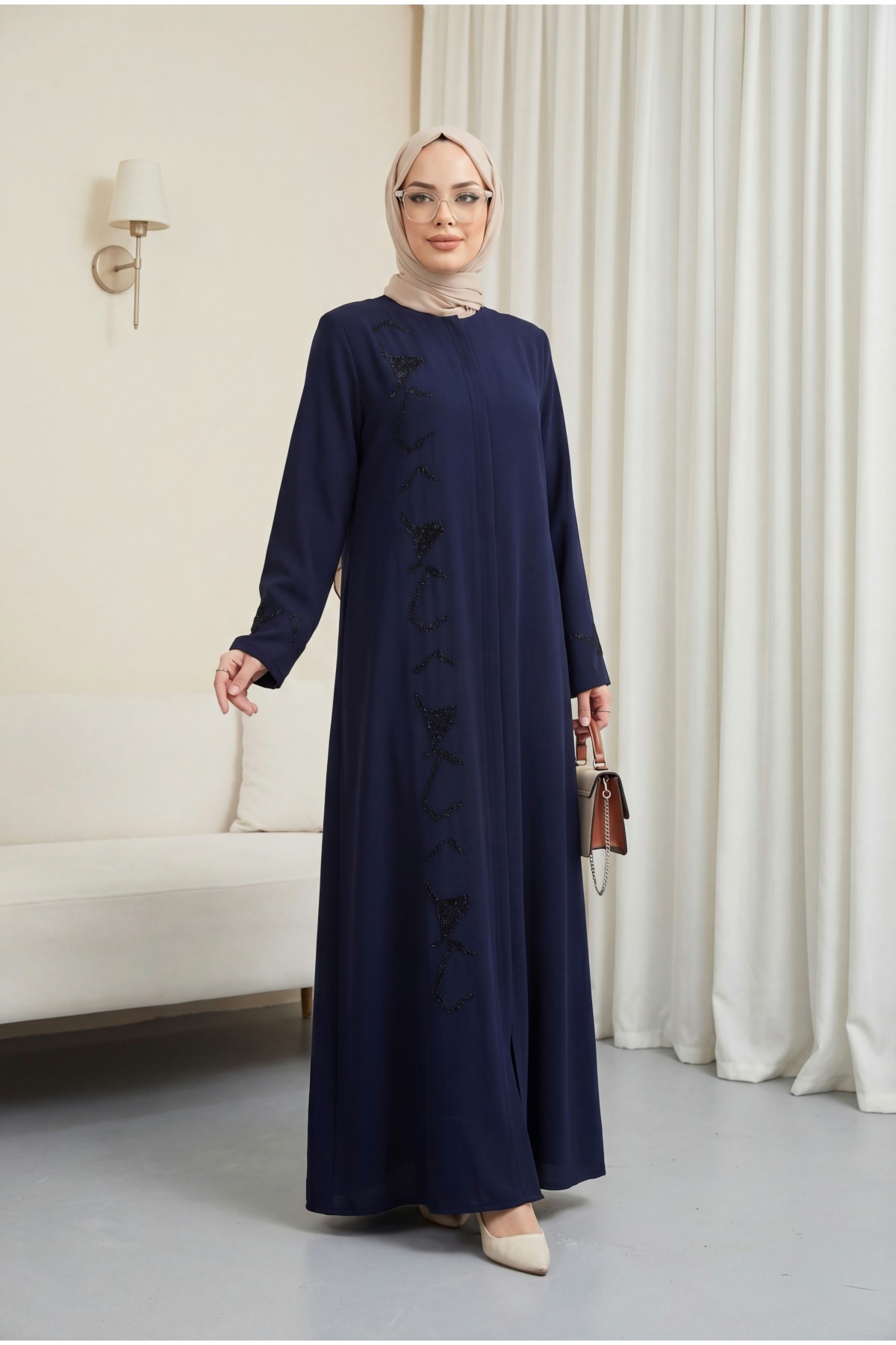 Gizli Patlı Taşlı Ferace Lacivert HM2851