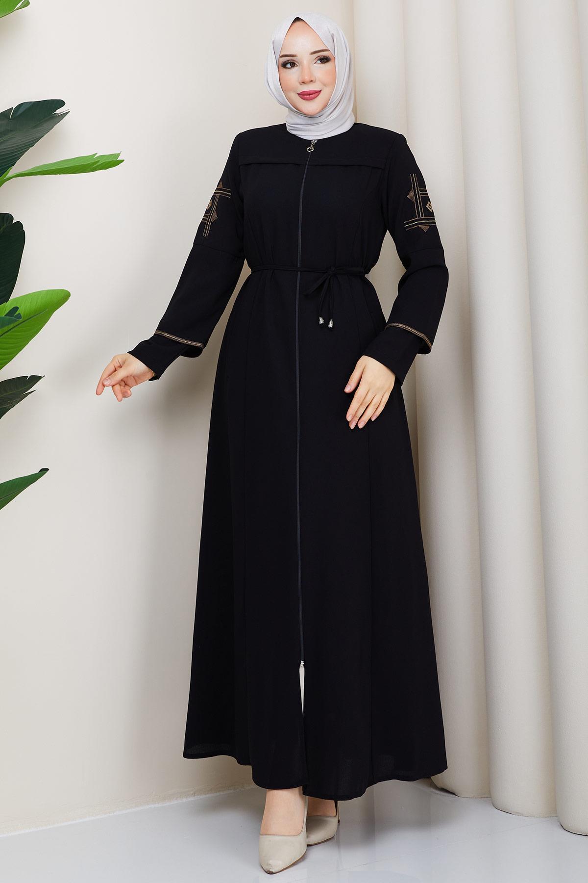 Bağcıklı Kolu Nakışlı Ferace Siyah HM2854