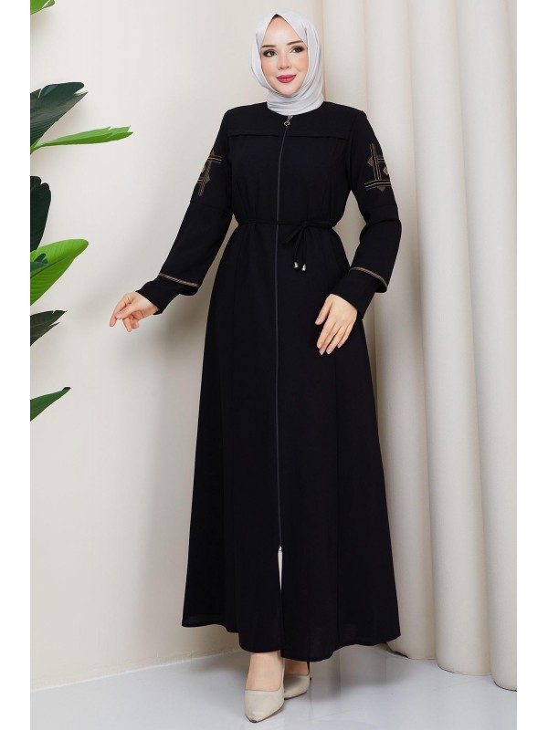 Bağcıklı Kolu Nakışlı Ferace Siyah HM2854