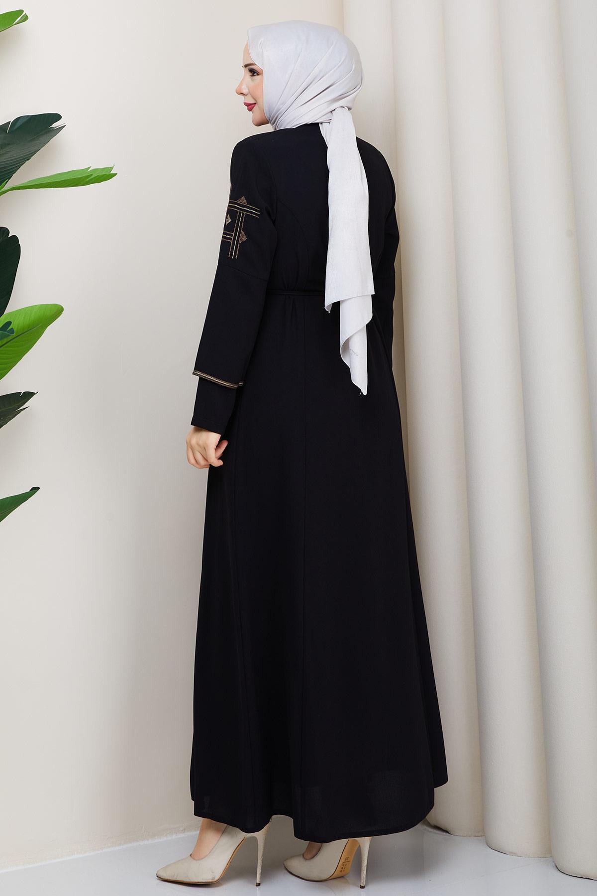 Bağcıklı Kolu Nakışlı Ferace Siyah HM2854
