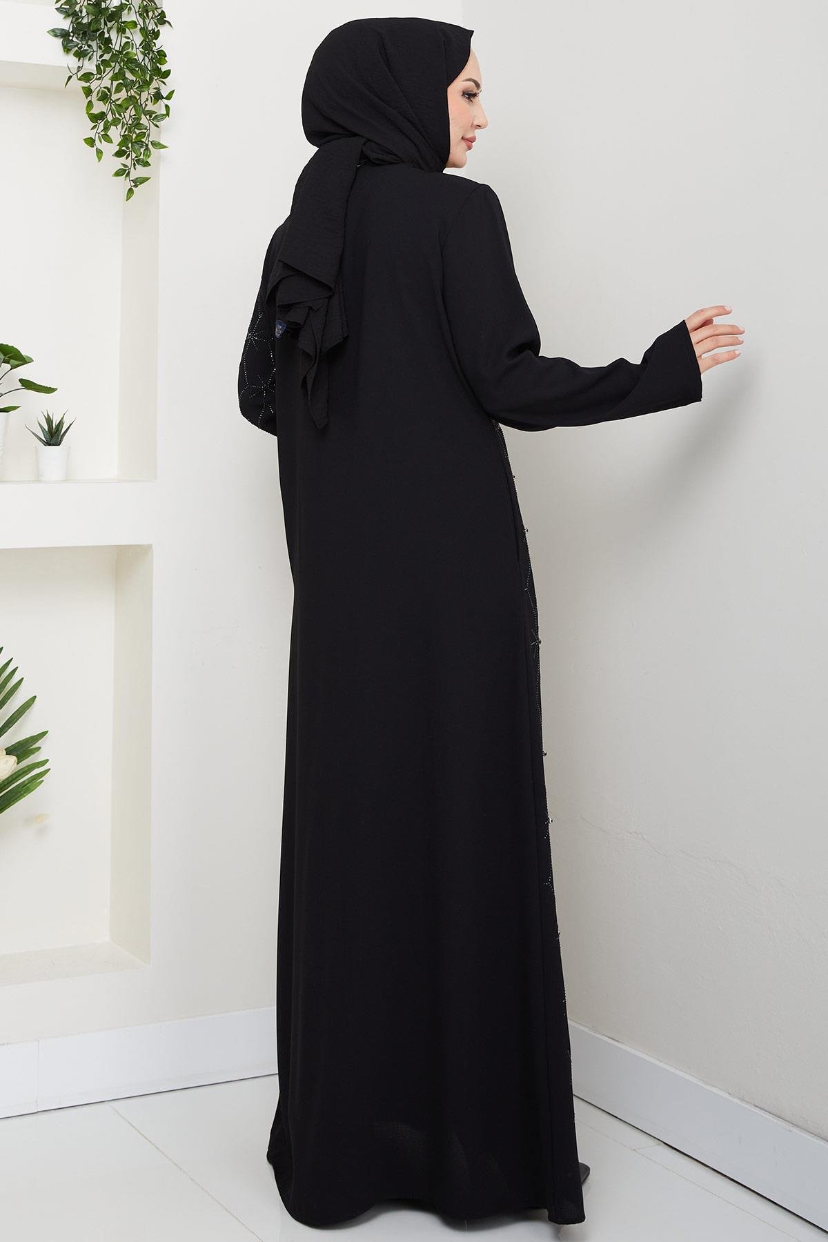 Hidden Button Half Stone Embellished Abaya Black HM2860
