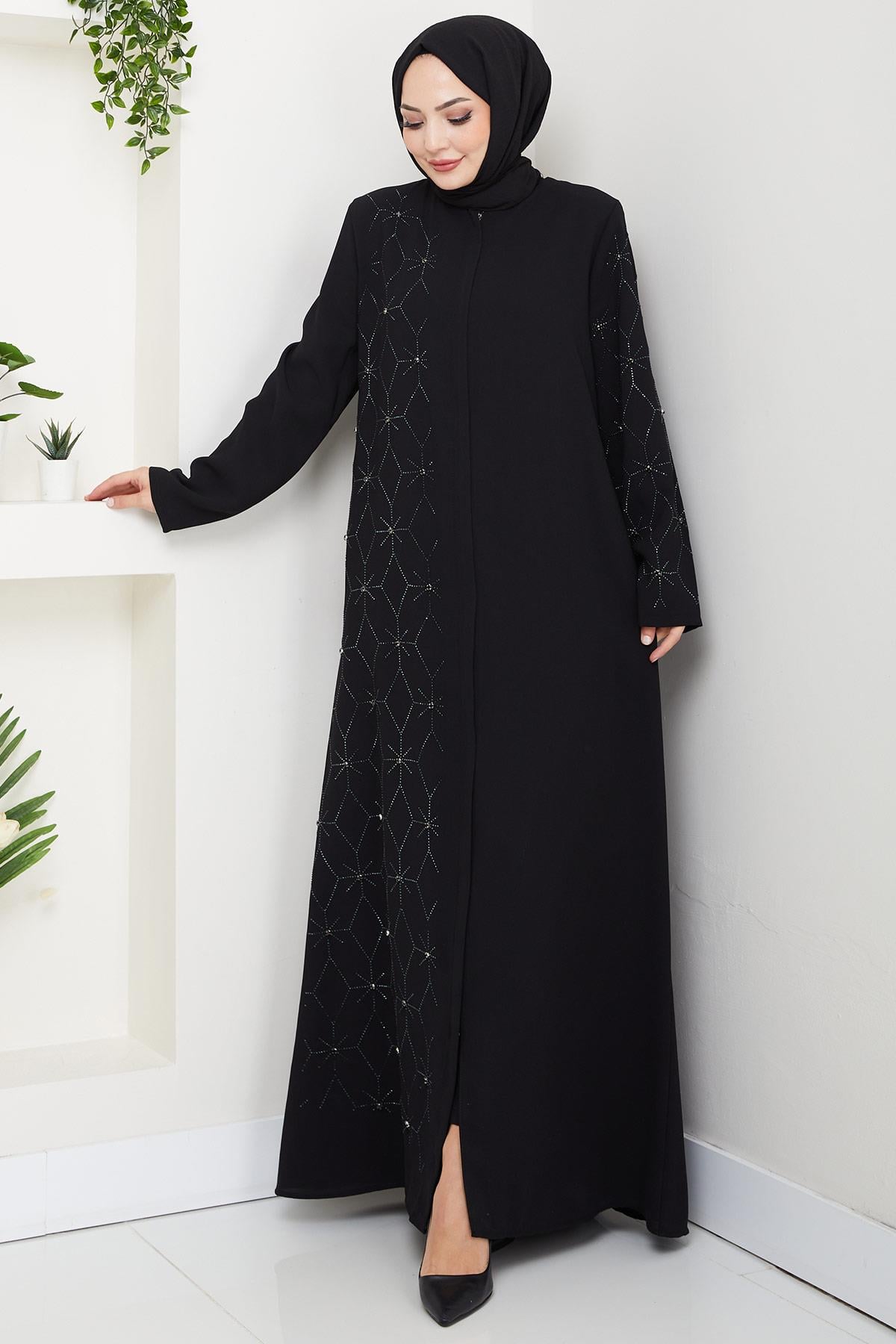 Hidden Button Half Stone Embellished Abaya Black HM2860