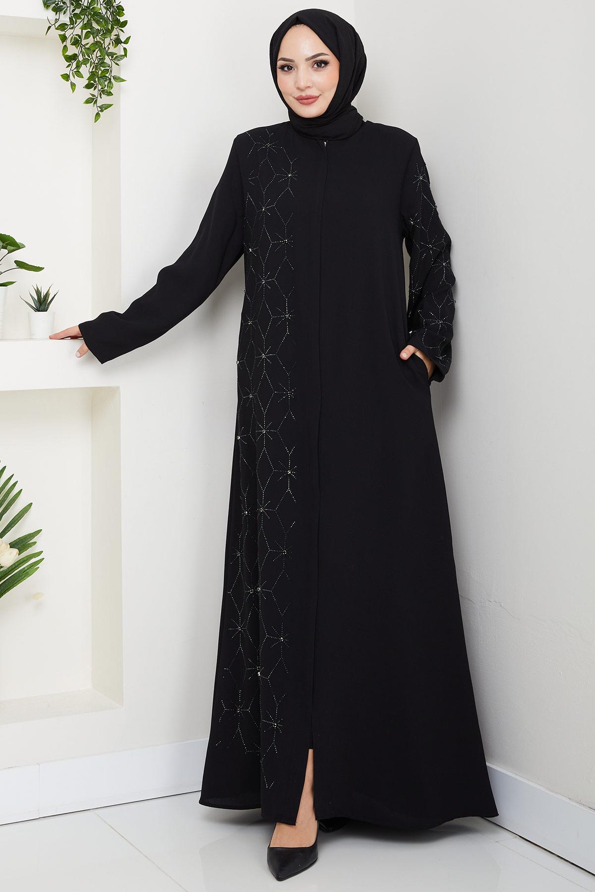 Hidden Button Half Stone Embellished Abaya Black HM2860