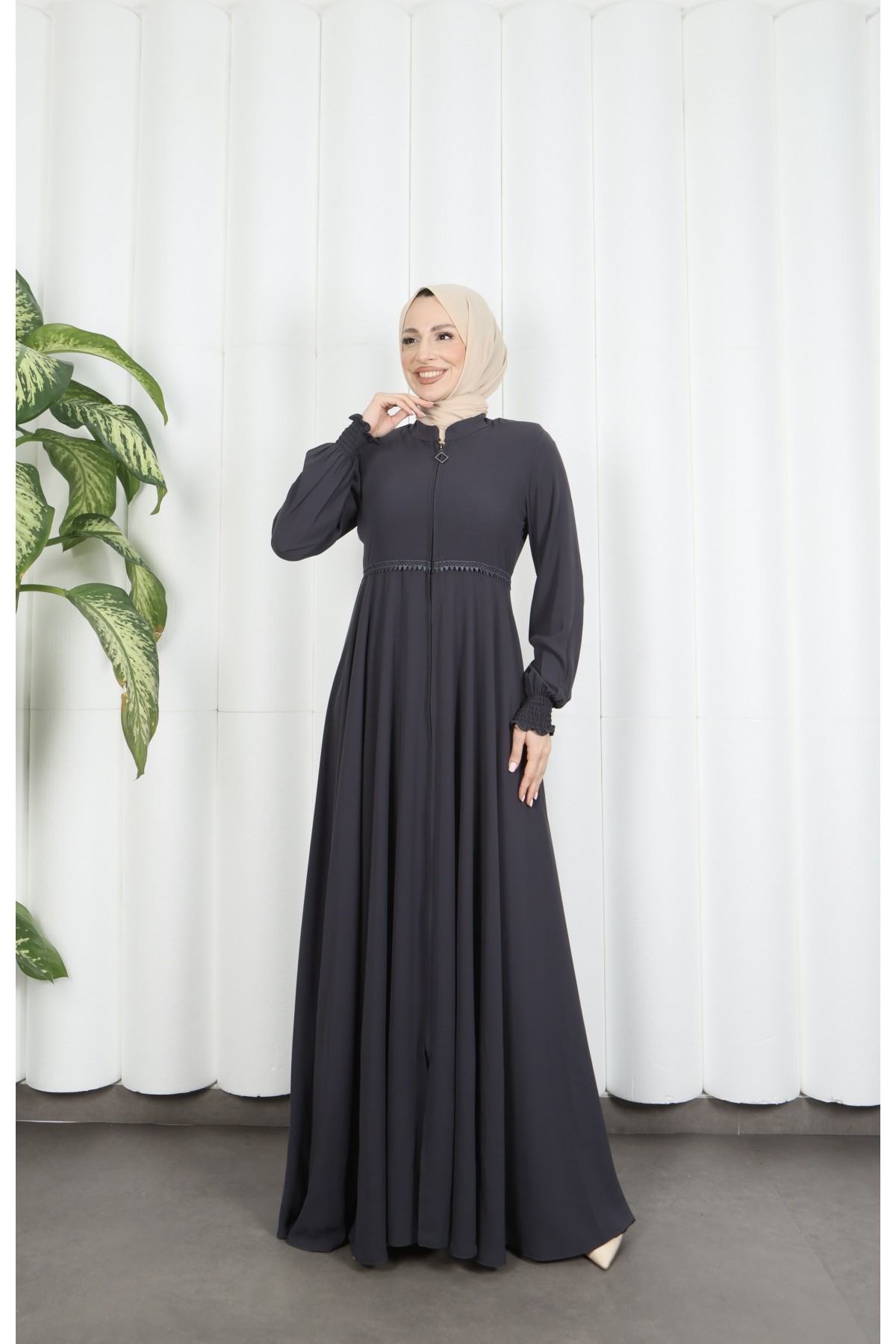 Beli Dantelli Mevlana Ferace Gri HNT7011