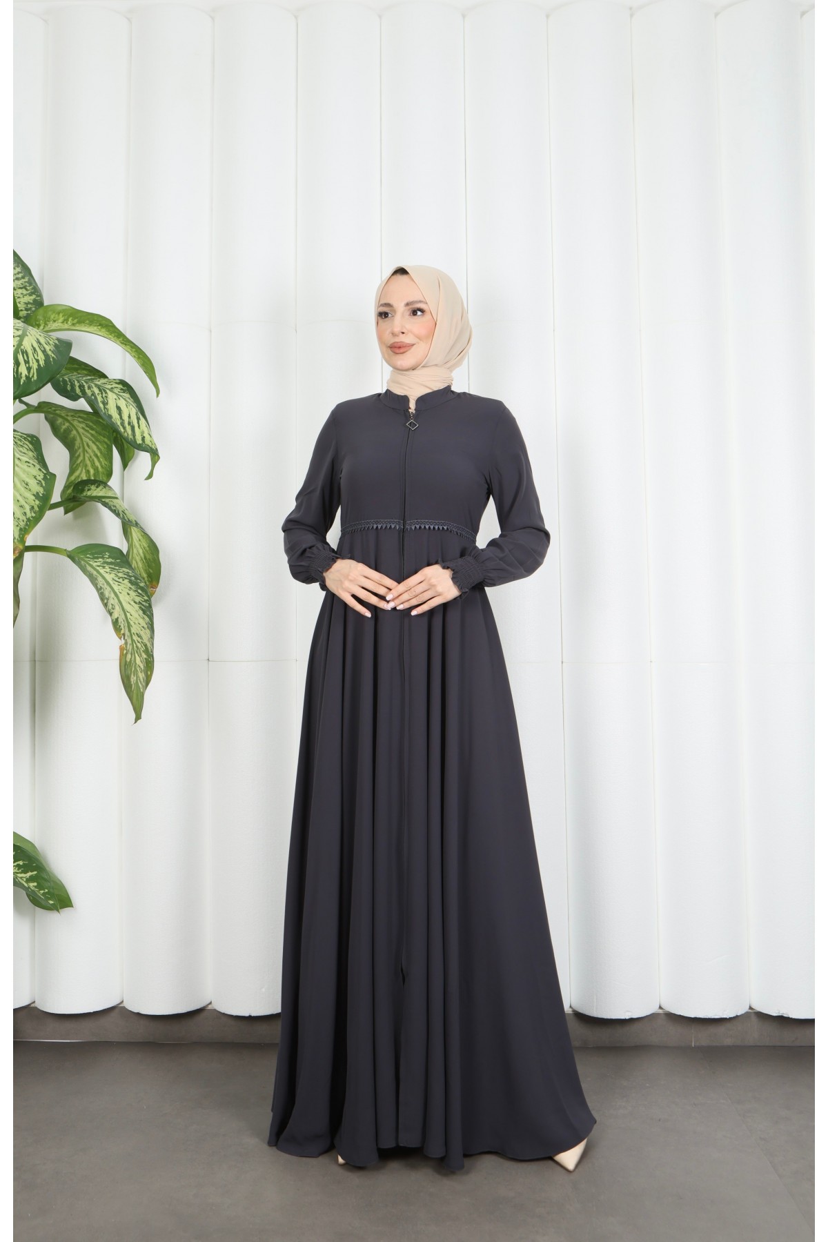 Beli Dantelli Mevlana Ferace Gri HNT7011