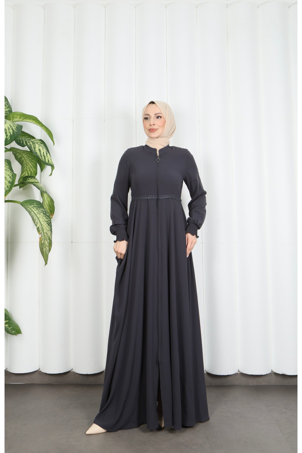 Beli Dantelli Mevlana Ferace Gri HNT7011