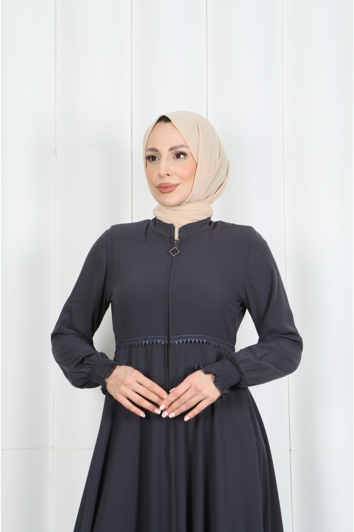 Beli Dantelli Mevlana Ferace Gri HNT7011