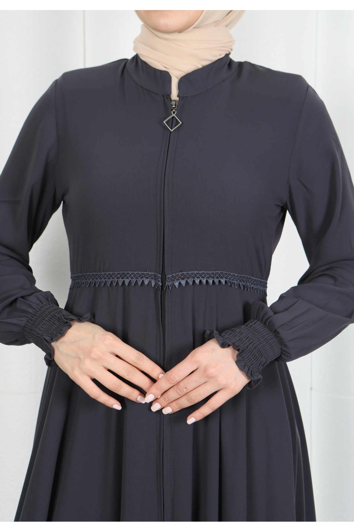 Beli Dantelli Mevlana Ferace Gri HNT7011