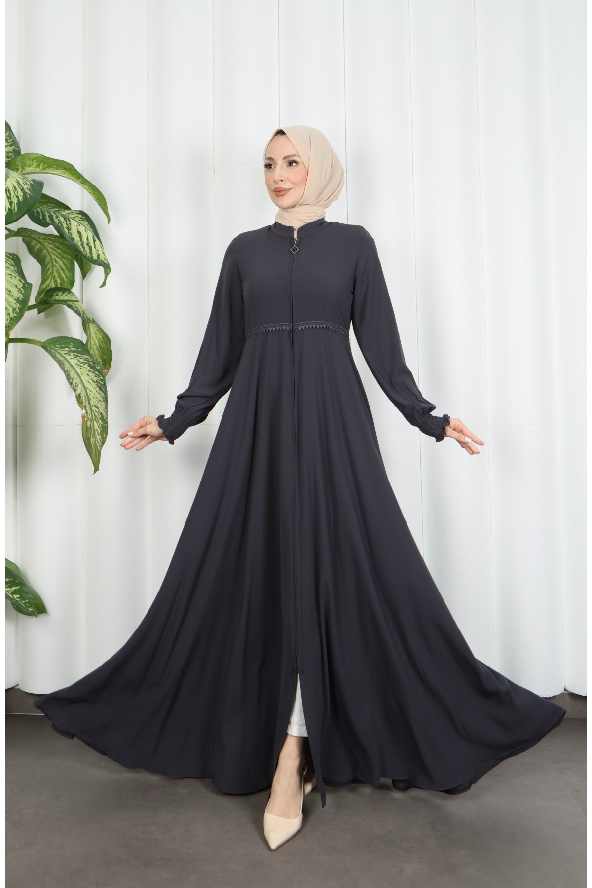 Beli Dantelli Mevlana Ferace Gri HNT7011