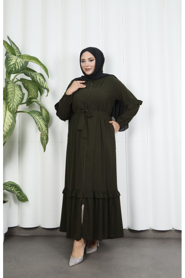 Khaki Abaya with Ruffled Skirt and Sleeves HNT7129