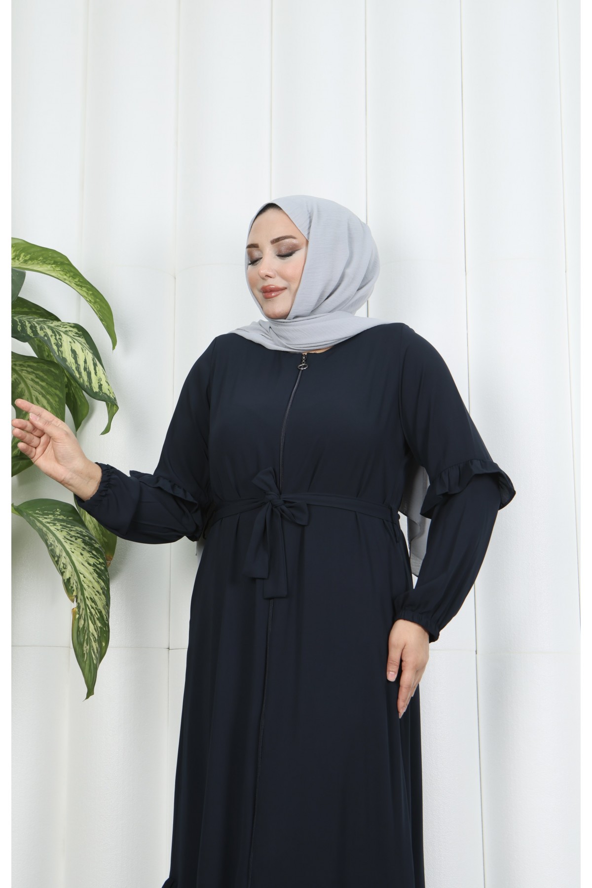 Eteği Ve Kolu  Fırfırlı Ferace Lacivert HNT7129