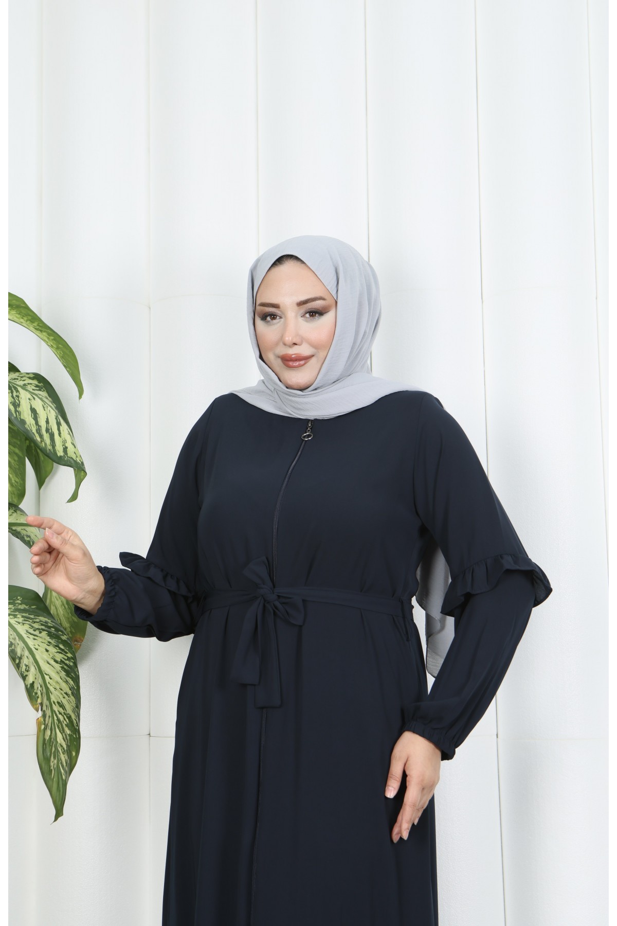Eteği Ve Kolu  Fırfırlı Ferace Lacivert HNT7129
