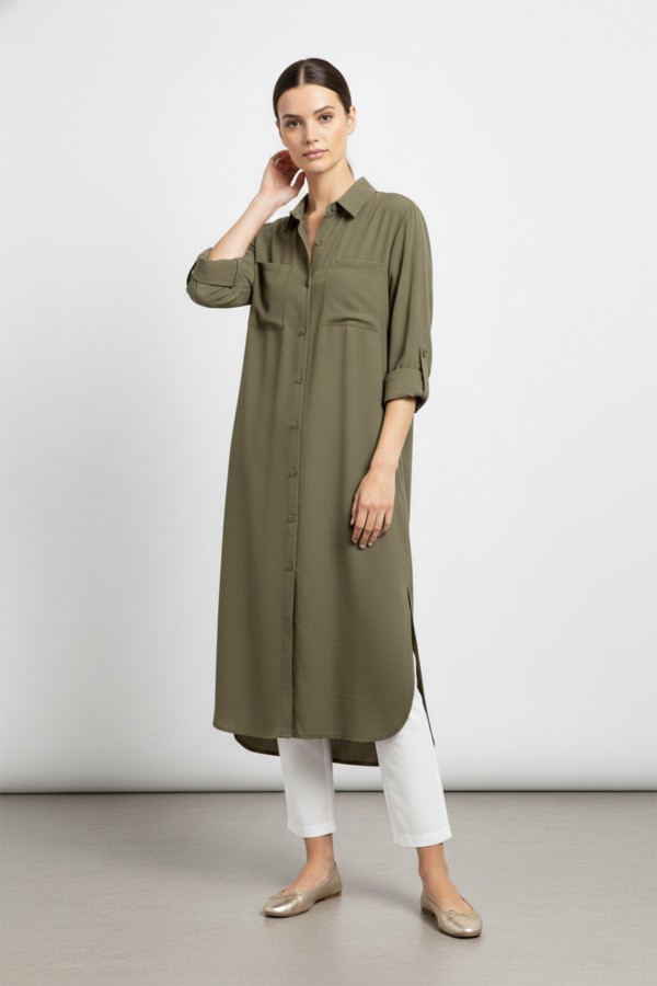 Kadın Uzun Düğmeli Cepli Oversize Gömlek -10764