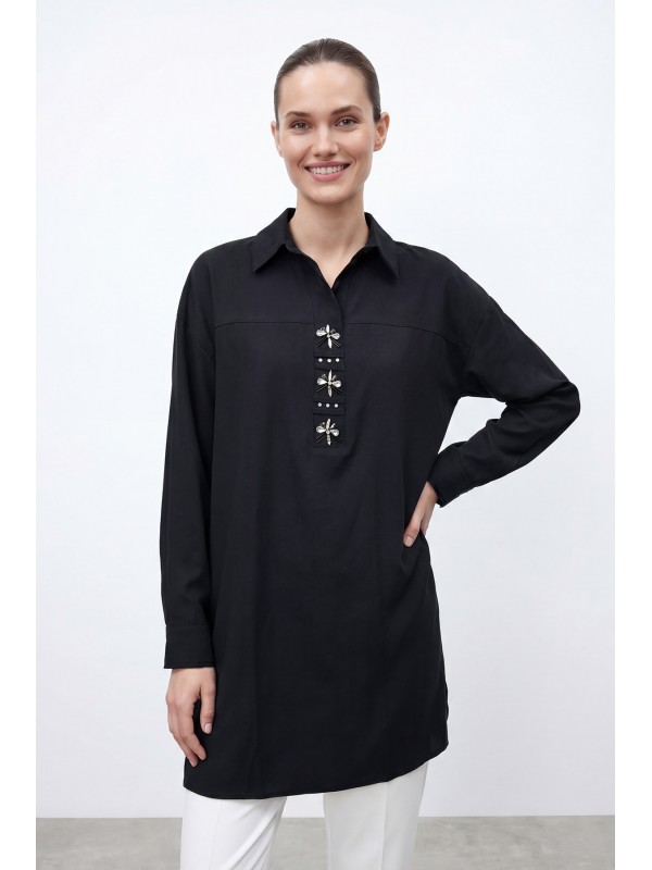 Kadın Taş Aksesuarlı Gömlek Yaka Tunik – 26S-10774TUN