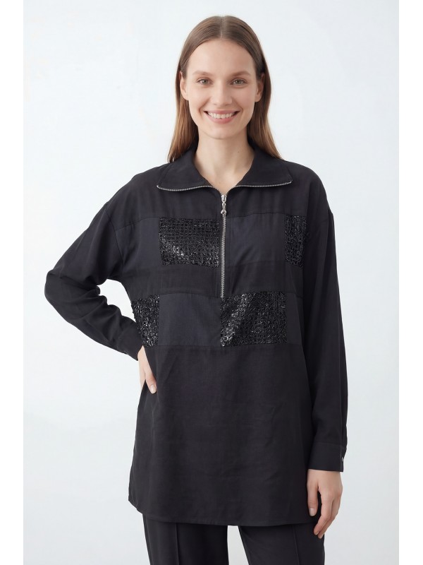 Women's Sequin Detail Half-Zip Tunic and Pants Set – 14461TKS