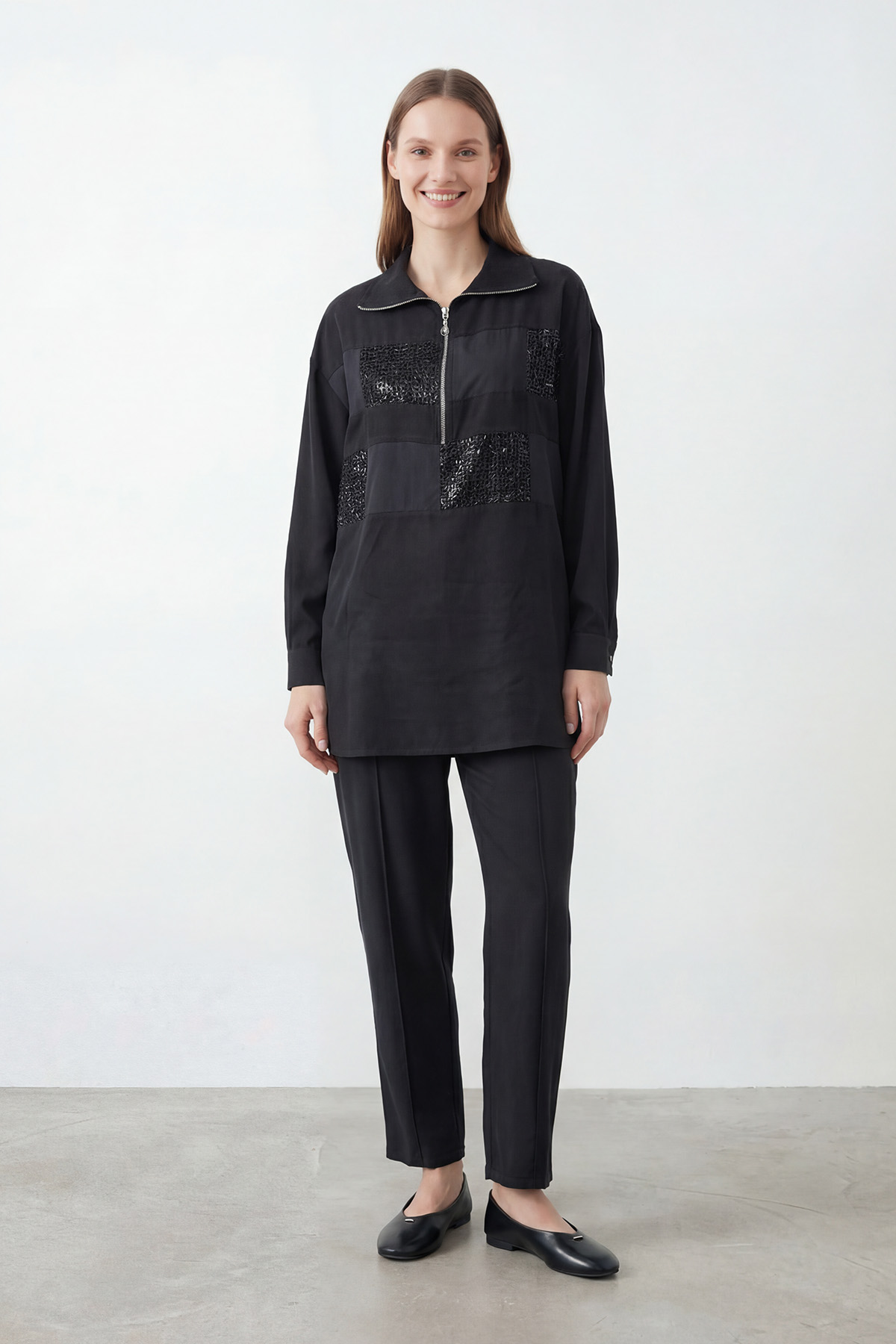Women's Sequin Detail Half-Zip Tunic and Pants Set – 14461TKS