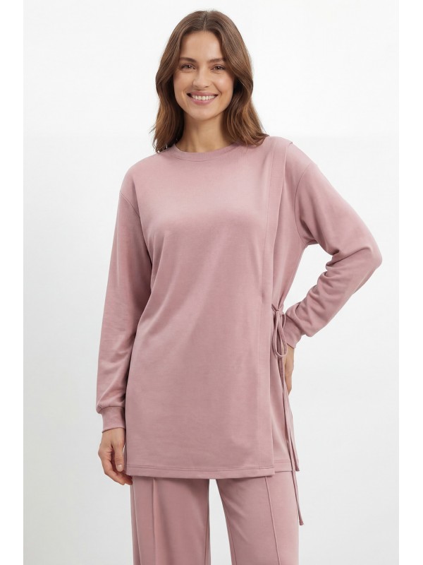 Women's Side Tie Detail Crew Neck Tunic and Pants Set – 14479TKS